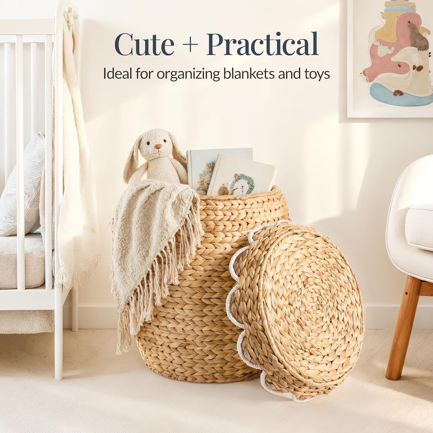 Scalloped Multipurpose Hyacinth Storage Basket / Scallop, Natural/white
