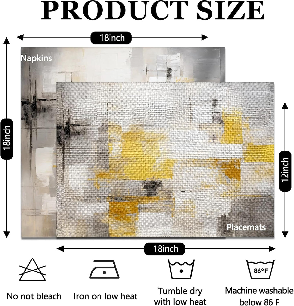 Mcalk 4 Each Yellow Placemats and Cloth Napkins Set of 8, Modern Art Placemat, Abstract Grey Cloth Napkin for Home