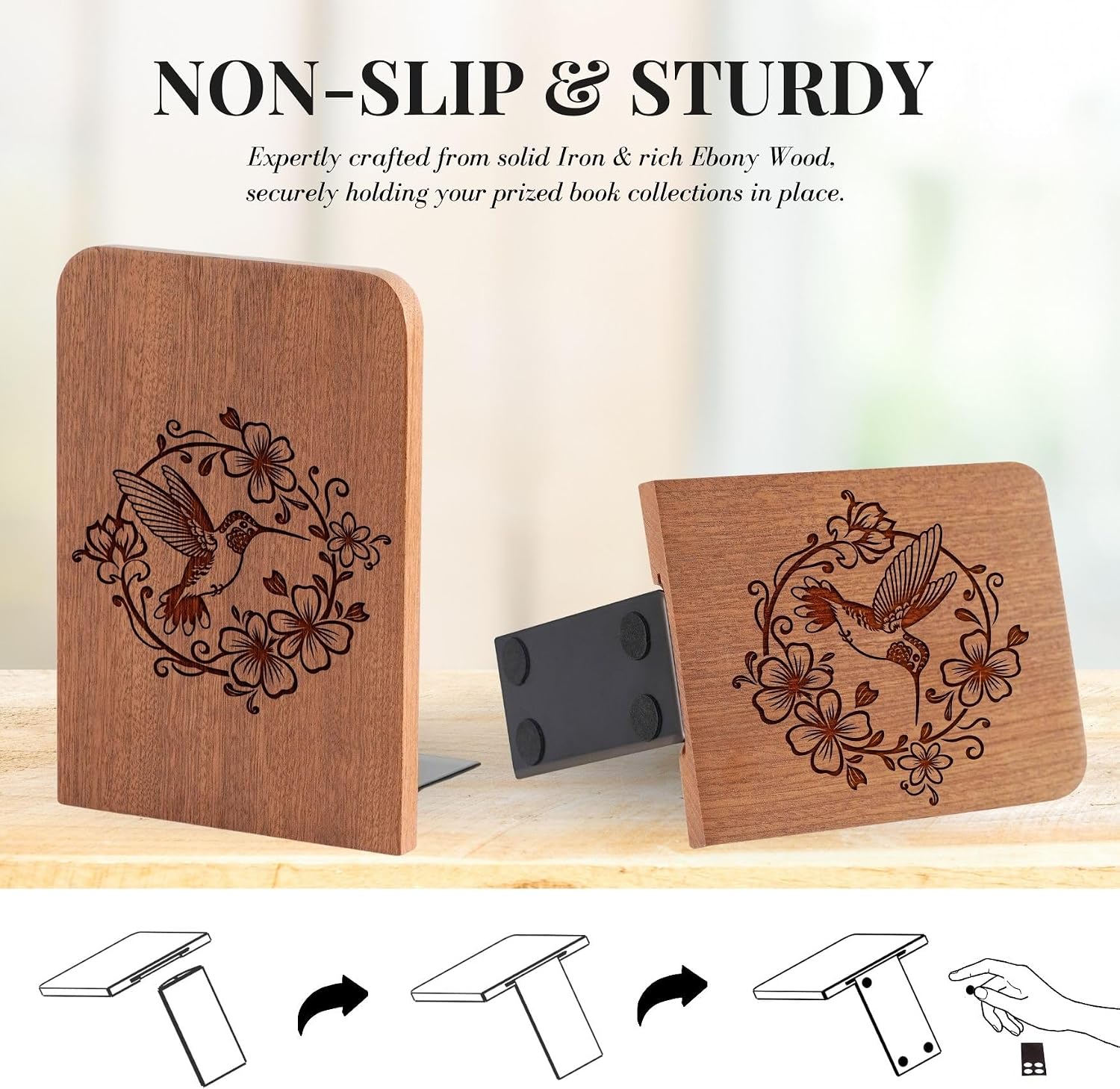 Hummingbird Wood Bookends / Heavy Duty Iron & Ebony Wood Book Ends