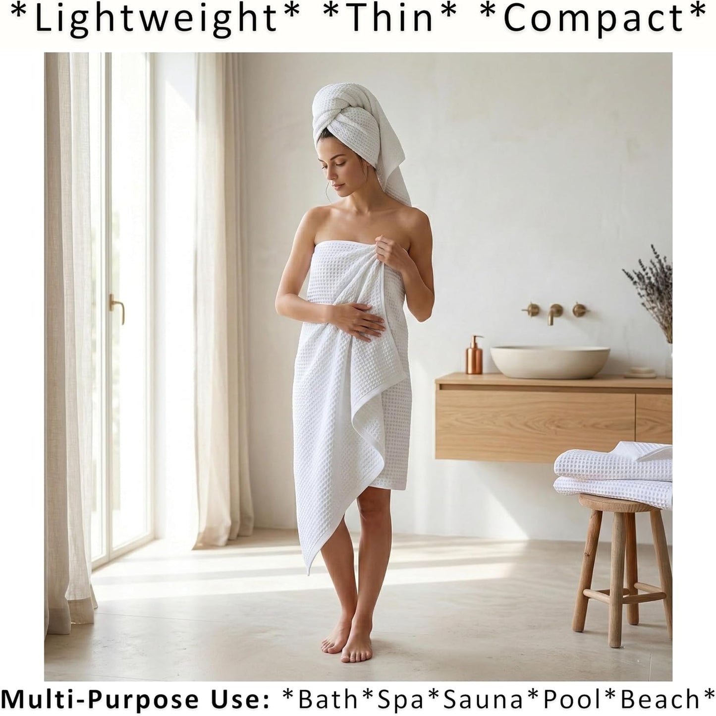 PÜSKÜL Natural 100% Turkish Cotton Waffle Bath Towels Set of 2, Extra-Large | White, Oversize 32x63" Bath sheet towel