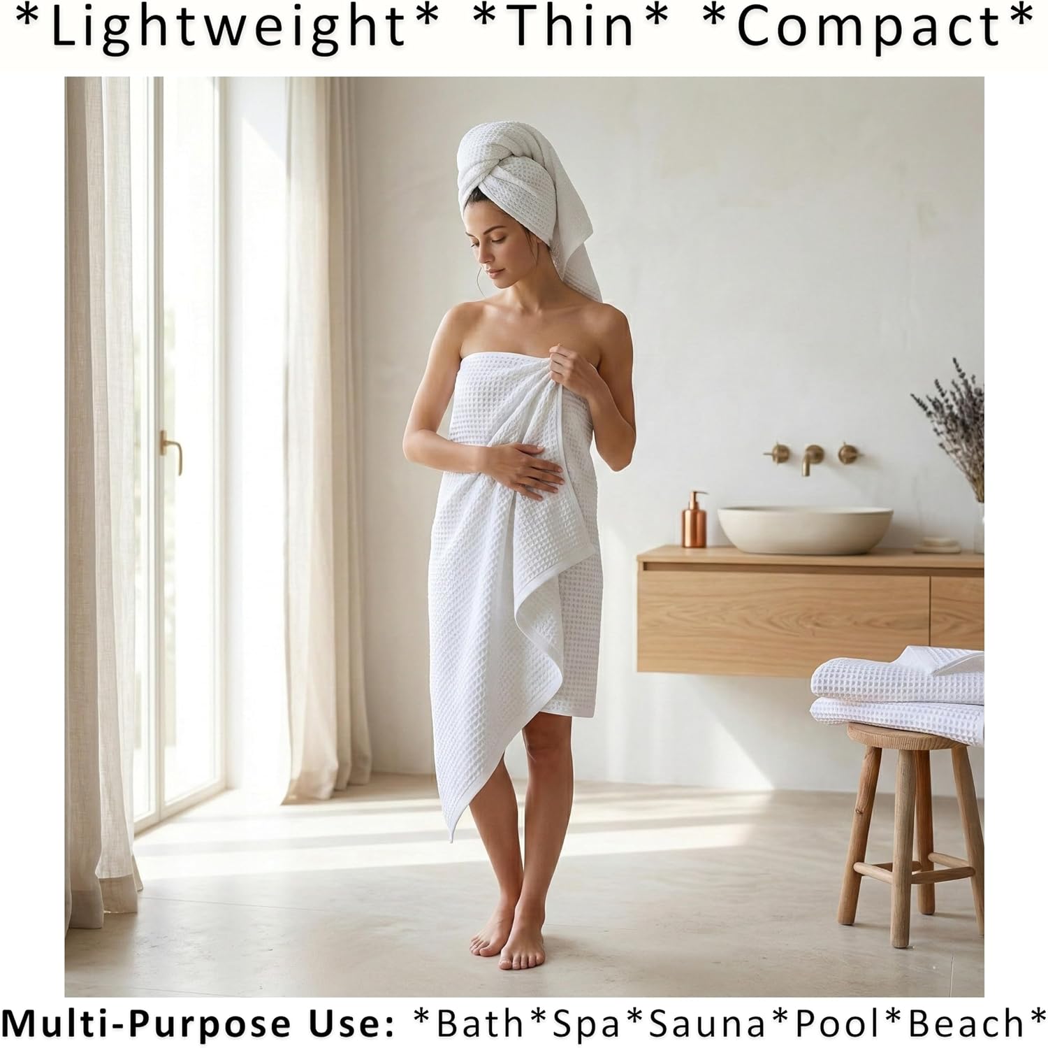 PÜSKÜL Natural 100% Turkish Cotton Waffle Bath Towels Set of 2, Extra-Large | White, Oversize 32x63" Bath sheet towel