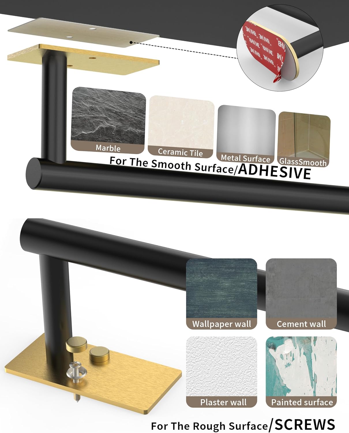 Paper Towel Holder Under Cabinet Self Adhesive Black & Gold | 304 Stainless Steel Post Pivoting Design Wall Mounted &
