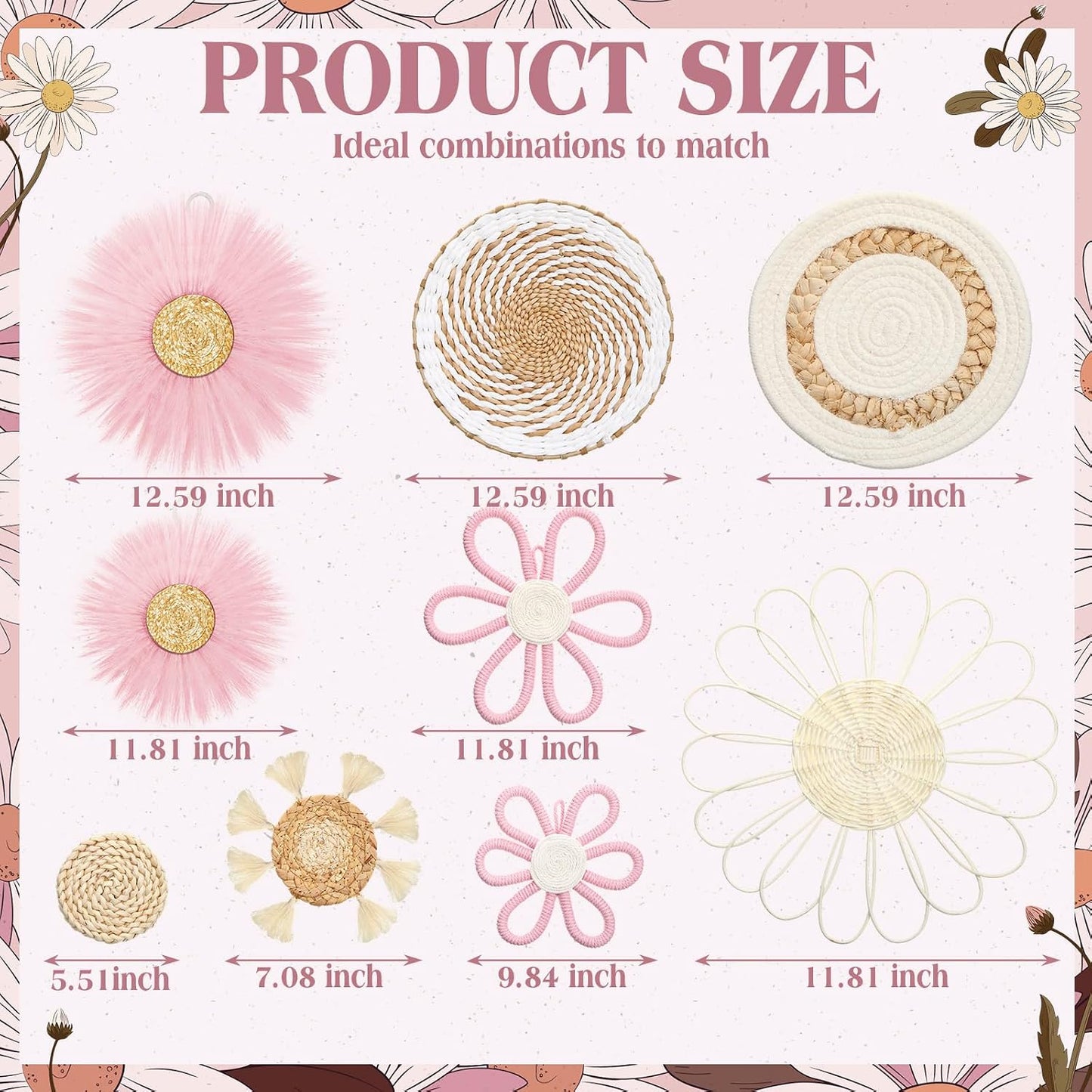 Boho Nursery Wall Decor Daisy Flower Woven Macrame Seagrass Rattan Basket / White Pink / Set of 9