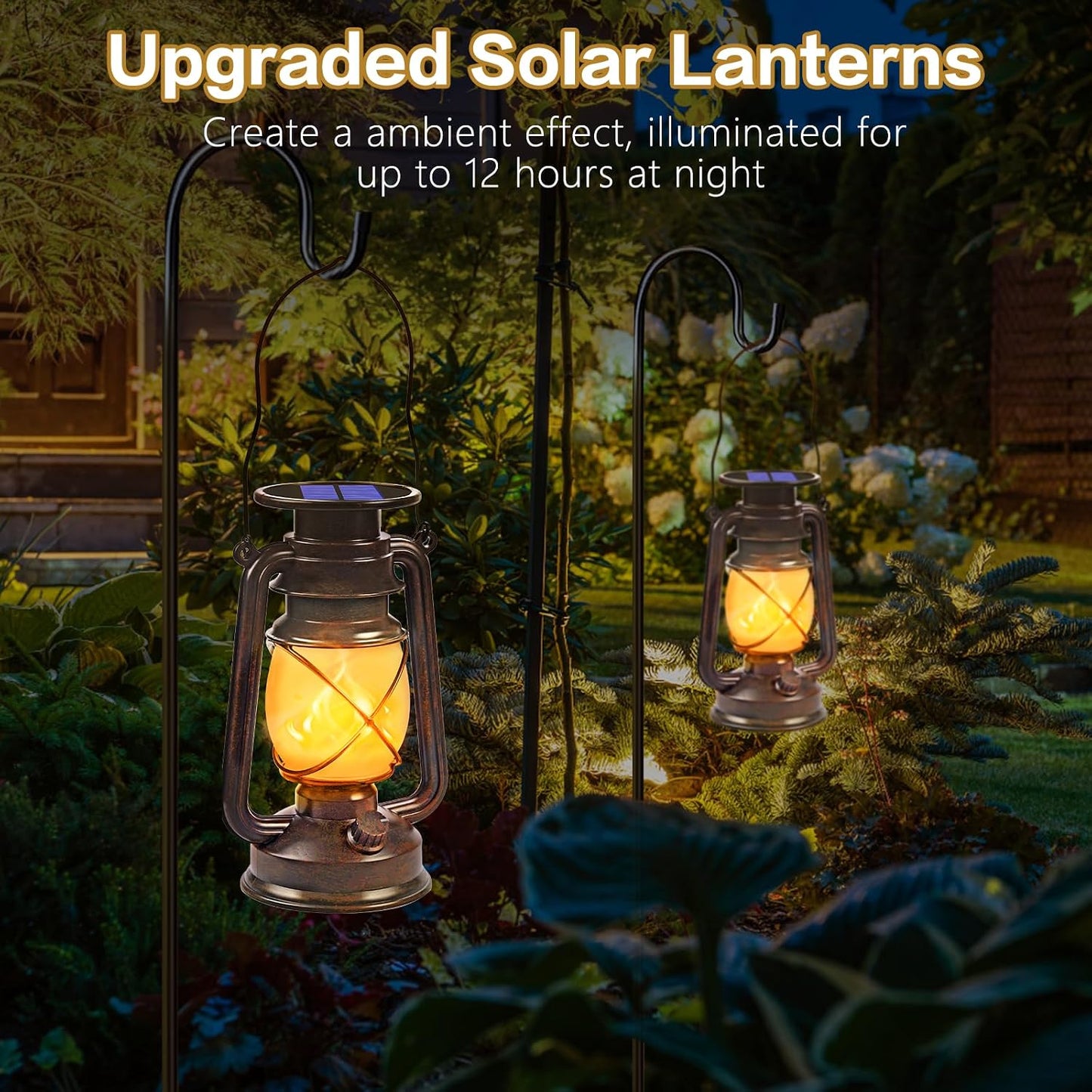 Solar Lanterns Outdoor Waterproof, 2 Pack Bronze Flickering Flame Lights | Vintage LED Hanging Lantern, Outdoor
