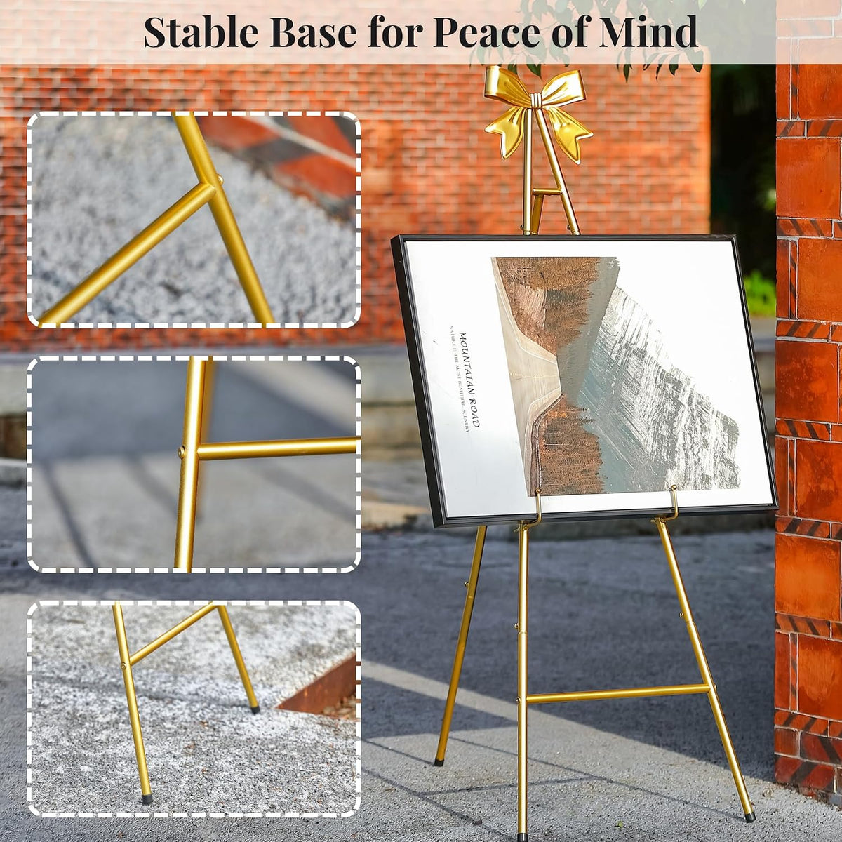53”H Metal Gold Easel Stand for Sign Heavy Duty with Bow Top | Large Adjustable Display Standing for Wedding Displaying