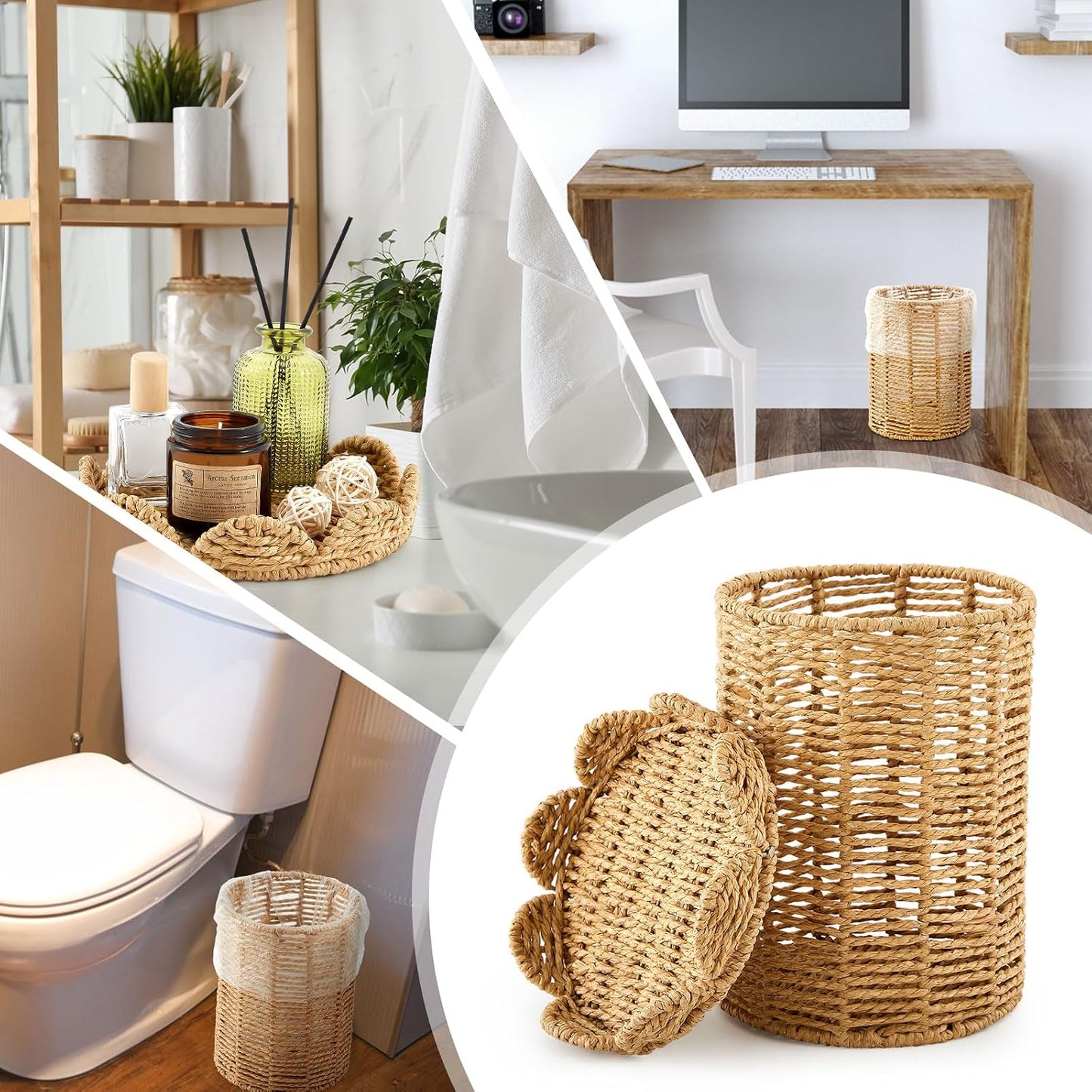 Lid Handle Woven Wicker Rattan Bathroom Waste Basket Boho / Scalloped Style / Natural / 1.3 Gallons