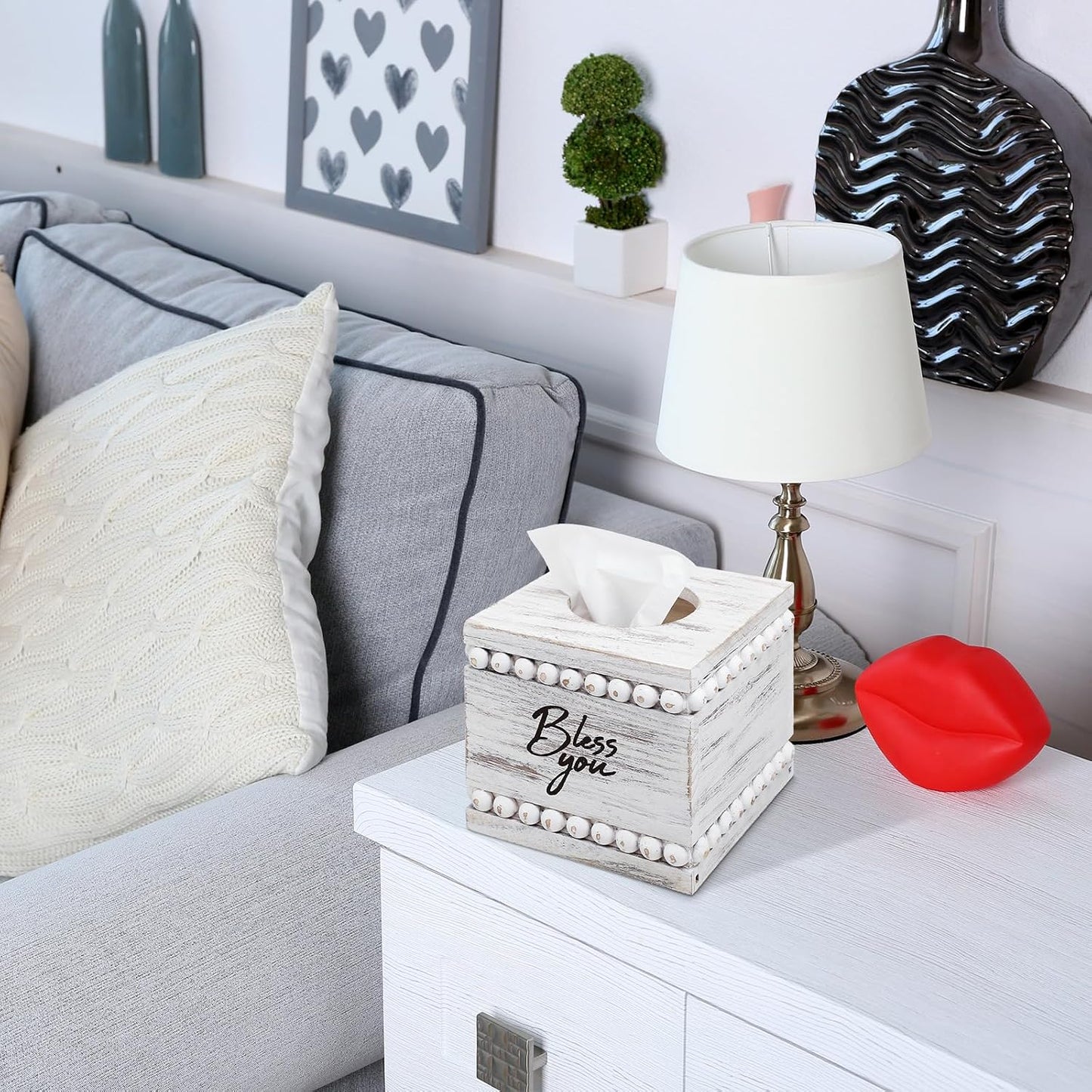 Rustic Farmhouse Vintage Wooden Tissue Holder Box Distressed Napkin / White