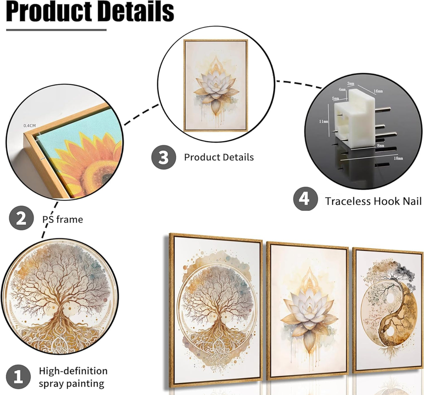 Tree of Life Canvas Wall Art Lotus Zen Painting / Wood Grain Frame / Framed / 16"L x 12"W / Gold