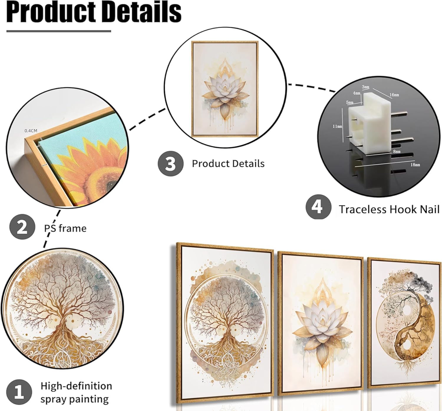 Tree of Life Canvas Wall Art Lotus Zen Painting / Wood Grain Frame / Framed / 16"L x 12"W / Gold