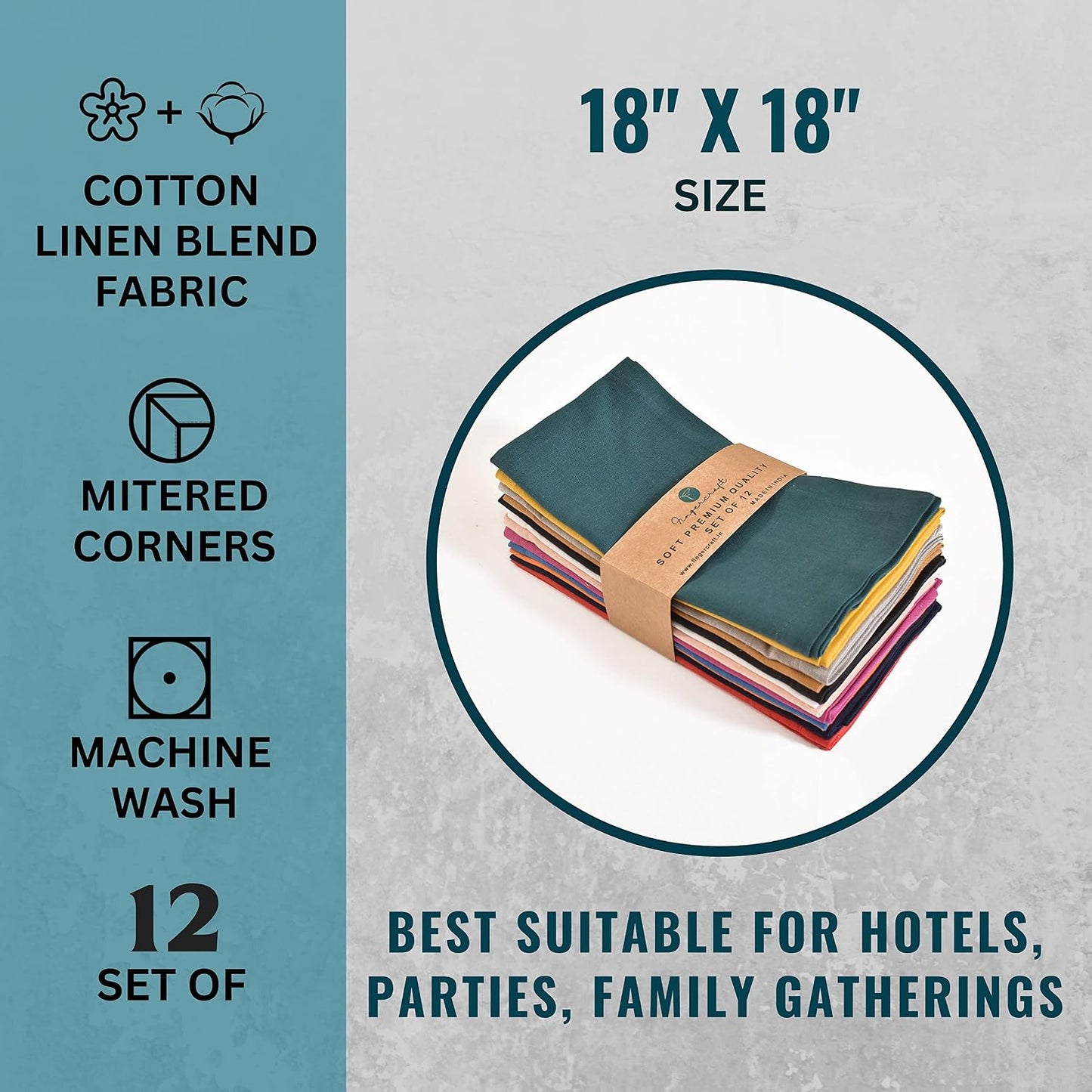 FINGERCRAFT Cloth Napkin, Cotton Linen, Set of 12, 18x18 inch, Multi | Mitered, premium quality, soft, absorbent