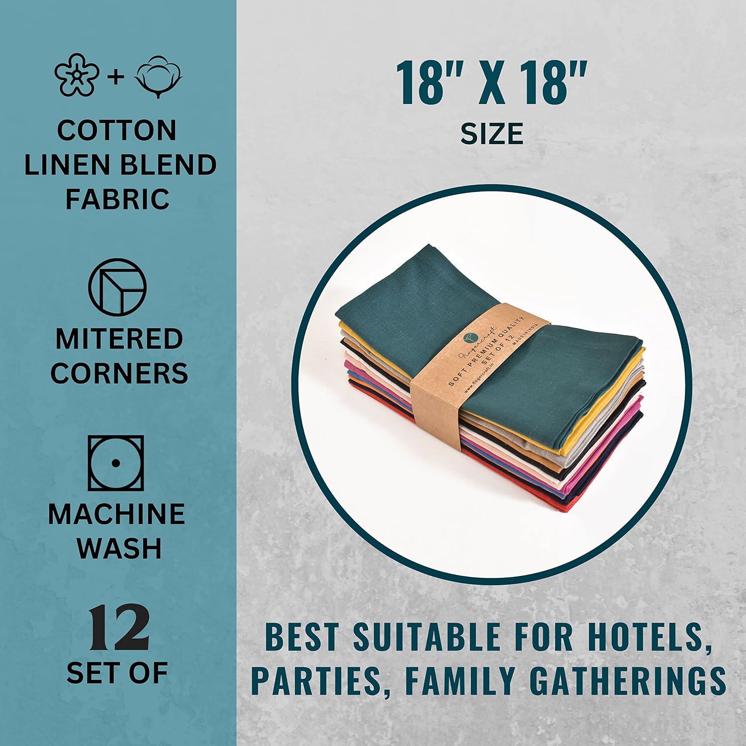 FINGERCRAFT Cloth Napkin, Cotton Linen, Set of 12, 18x18 inch, Multi | Mitered, premium quality, soft, absorbent