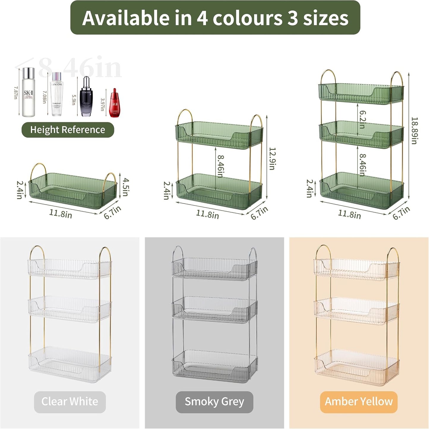Akinbas 3 Tier Bathroom Organizer Countertop Makeup Perfume Tray Skincare Organizer for Bathroom Dresser Vanity (Green)