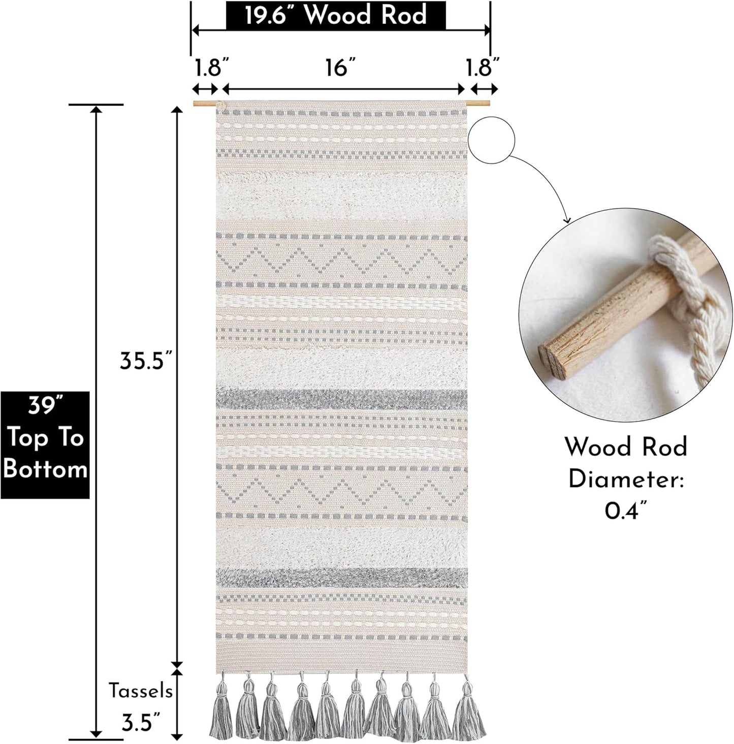 Long Vertical Wall Hanging Tapestry Woven Boho Farmhouse Decor Cream Tassel Handmade Wall Art / Gray