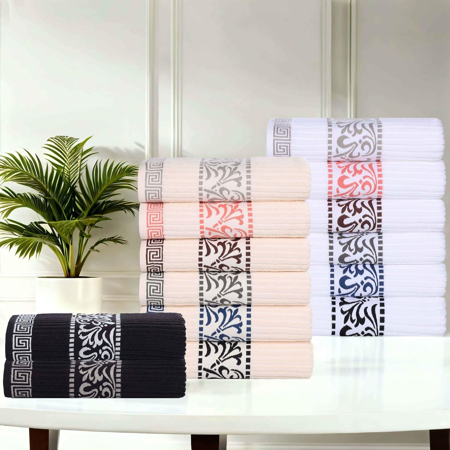 Superior 8-Piece Cotton Towel Set, Decorative Greek Pattern, Home Essentials, Absorbent Towels, Decor for Bathroom