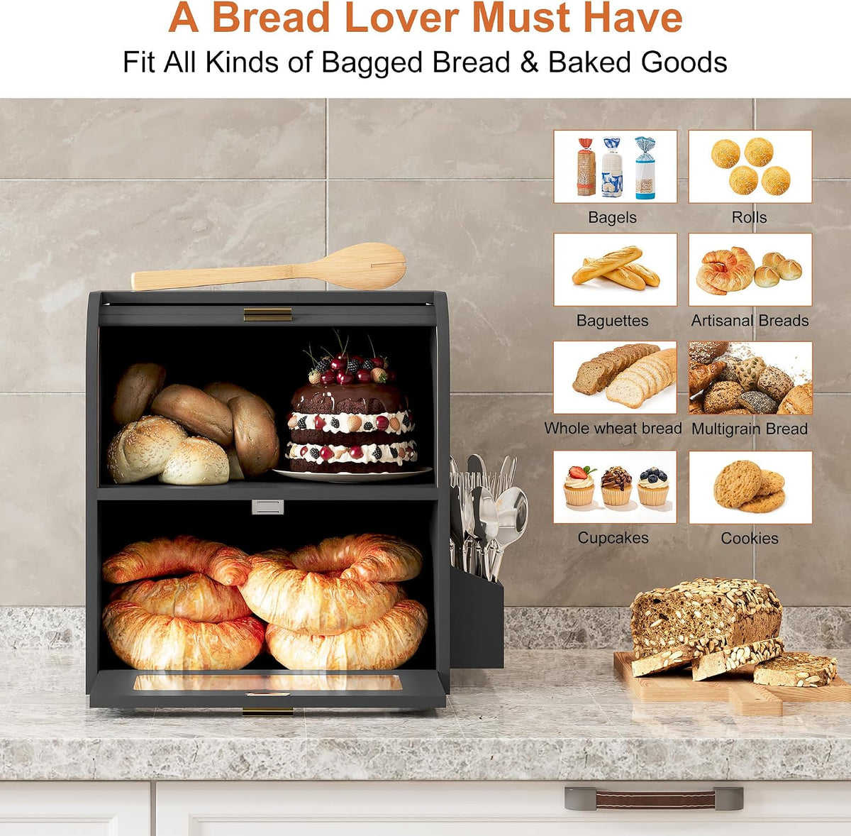 TQVAI Roll Top Bread Box for Kitchen Countertop, Keep Fresh Longer, Easy to Maintenance, Double Layer Vintage Wooden