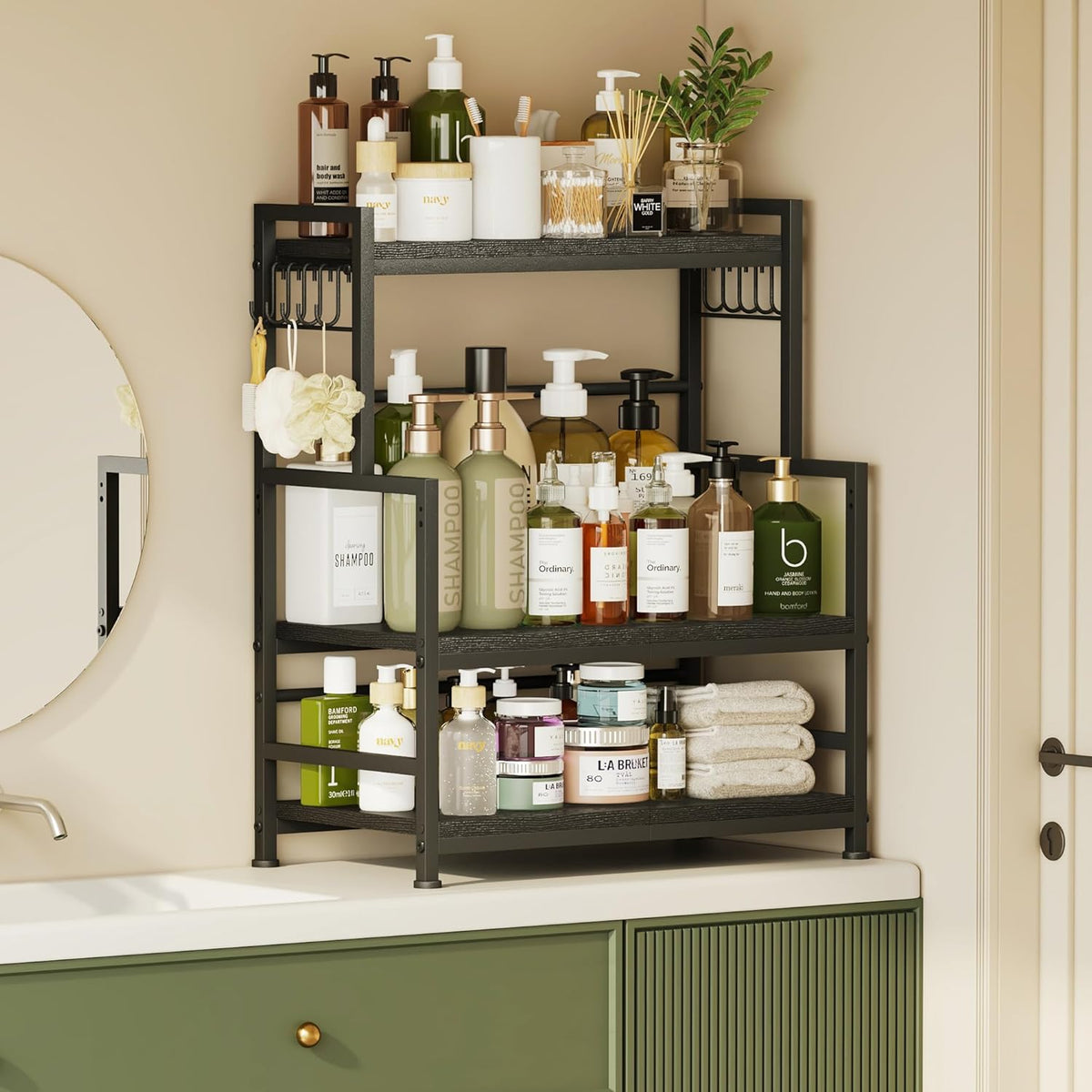 23.6"W Large Kitchen Countertop Organizer, 3 Tier Spice Rack Organizer with Adjustable Shelf and 10 Hooks, Wooden