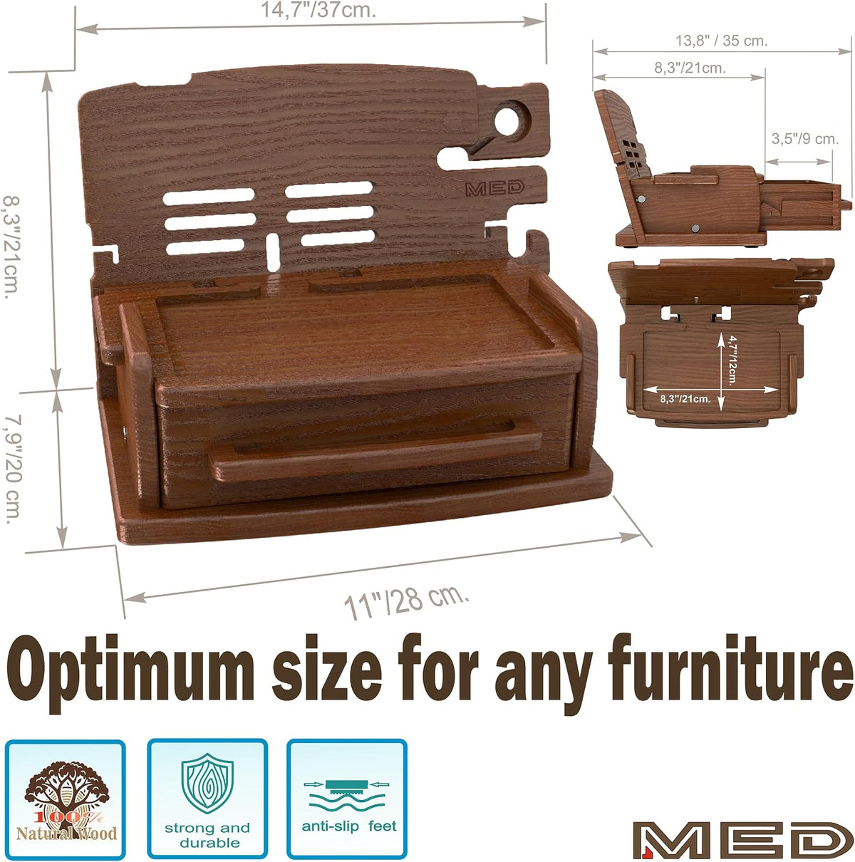 MED Wood Phone Docking Station for Men with Drawer — Nightstand & Desk Organizer for Husband & Dad — Key Holder, Wallet