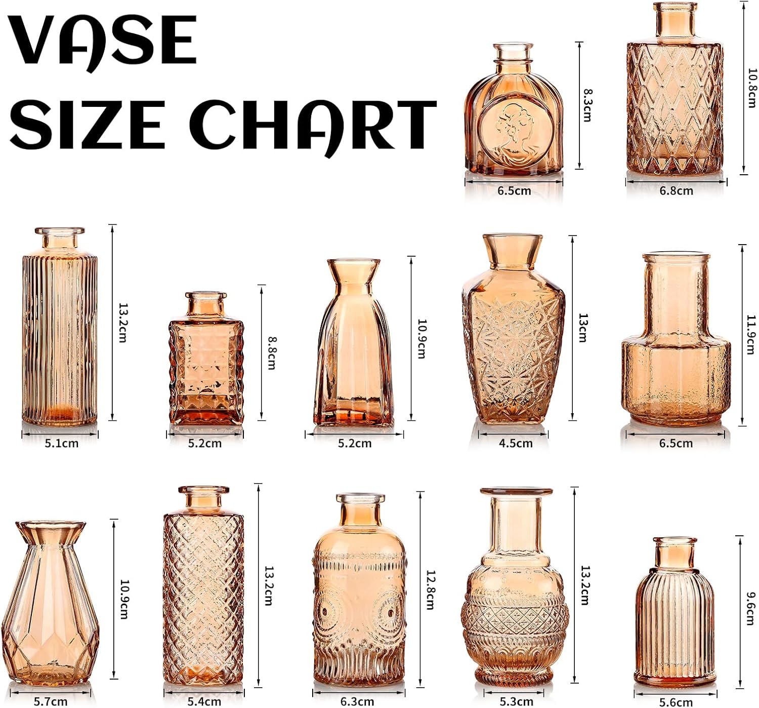 Small Mini Glass Vases for Centerpieces / Amber / Set of 12