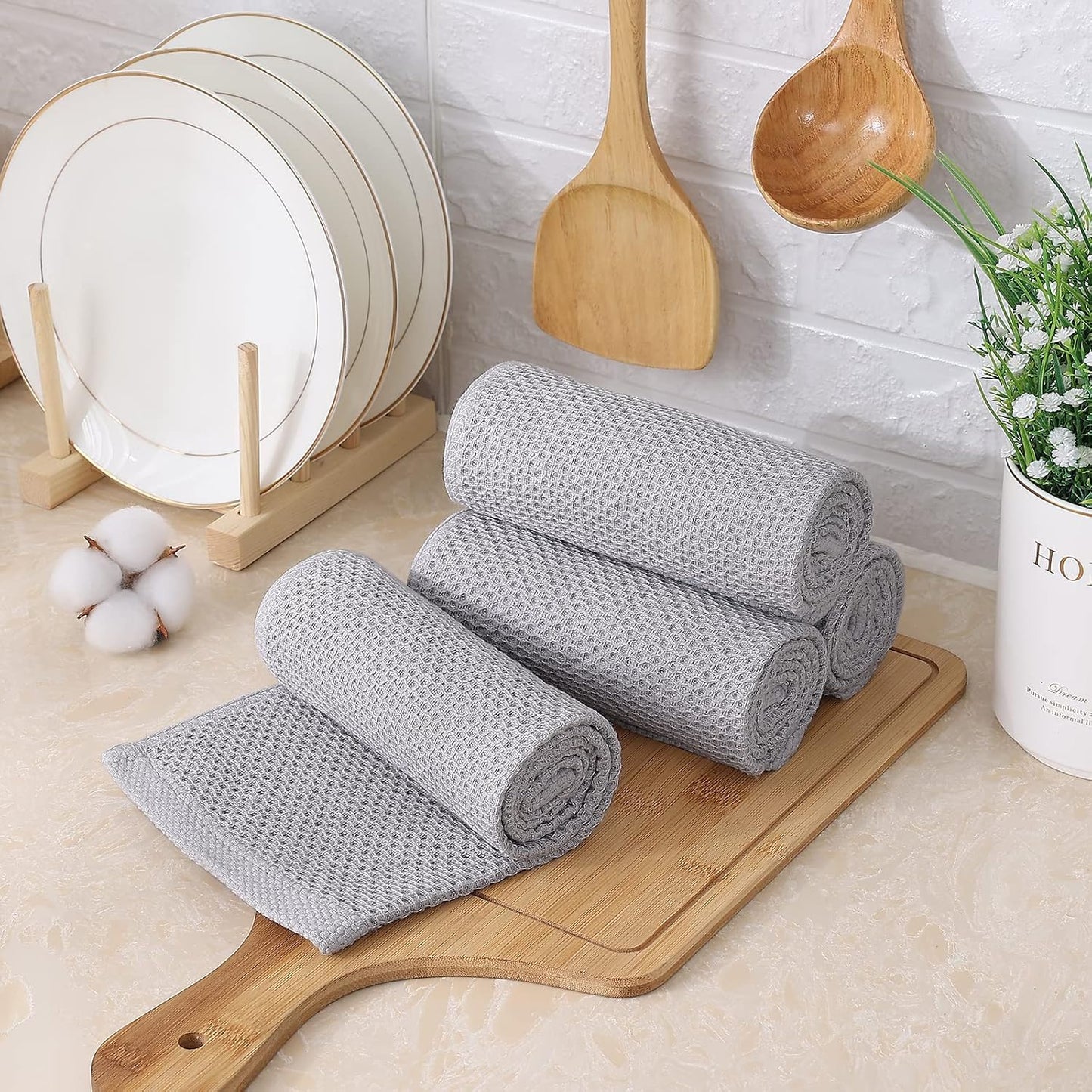 Kitinjoy 100% Cotton Waffle 8-Pack Kitchen Towels, 13" x 28", Light Grey | Super Soft, Ultra-Absorbent, Fast Drying