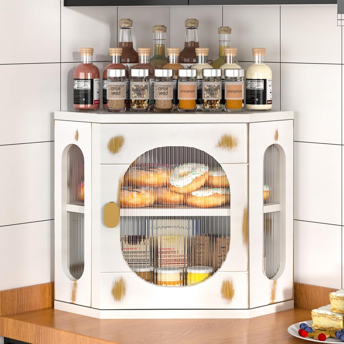 Corner Bread Box for Kitchen Countertop, Large Wooden Bread Box, Double Layer Bread Storage Bin, Bamboo Breadbox for