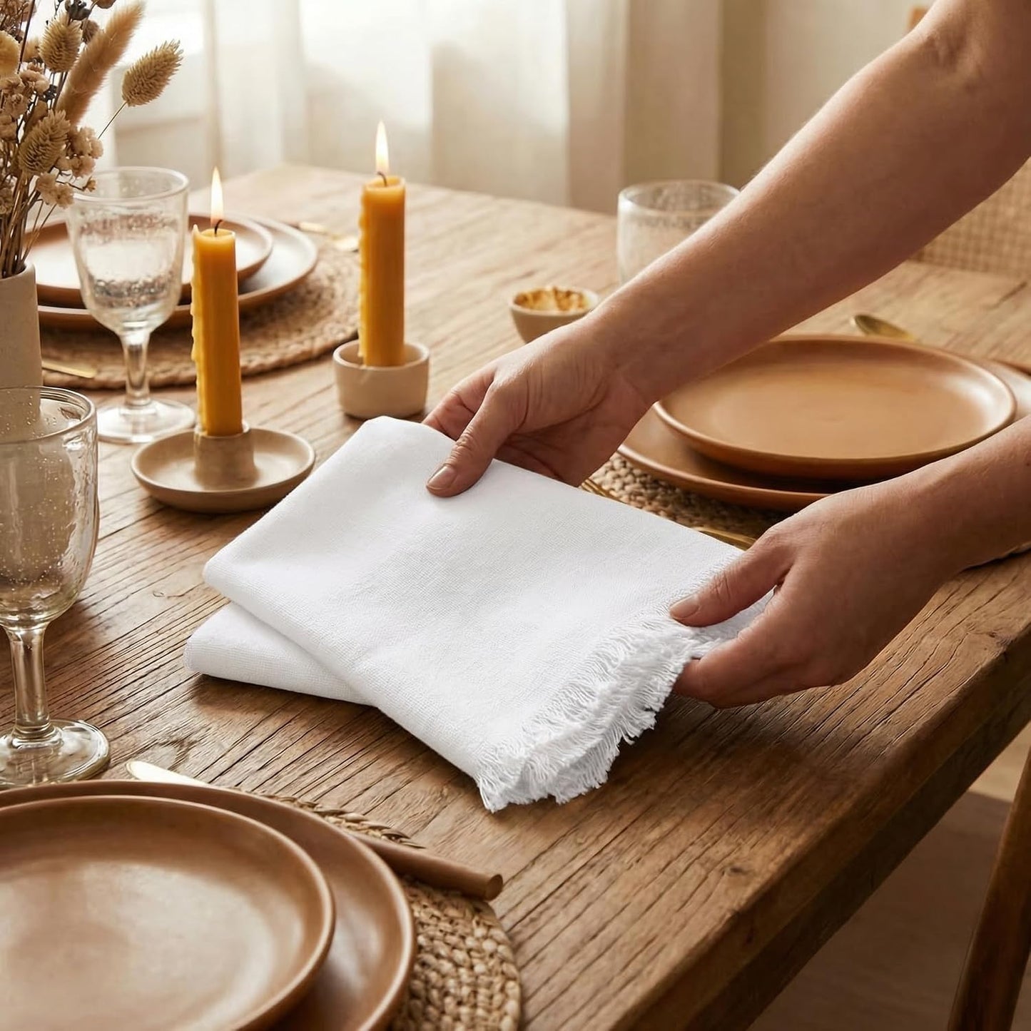 ACCENTHOME White Cotton Linen Napkin Set of 12 18x18 inch Dinner Napkins - Washable Soft Premium Hotel Quality Reusable