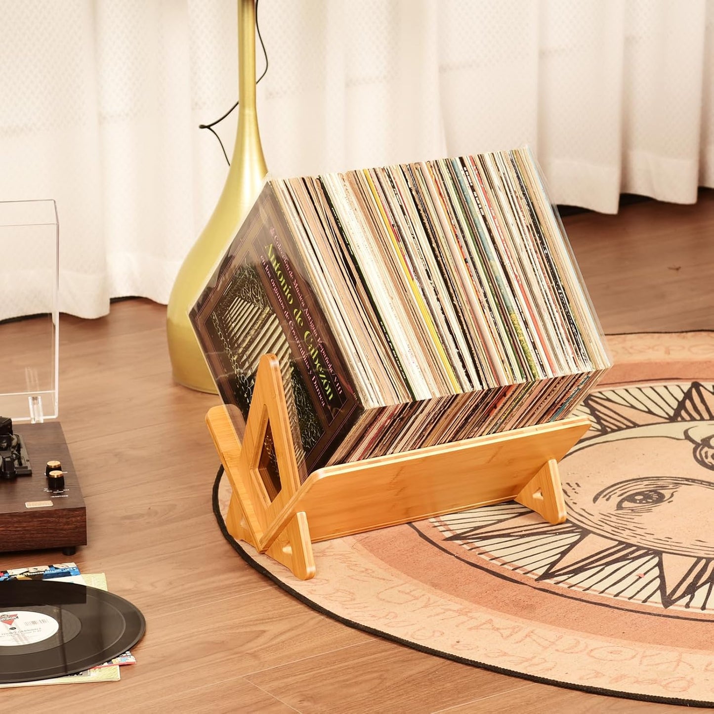 Bamboo Vinyl Record Holder 80-100 LP Record Stand, Quick Assembly Record Storage, Modern Design Organizer for Magazine
