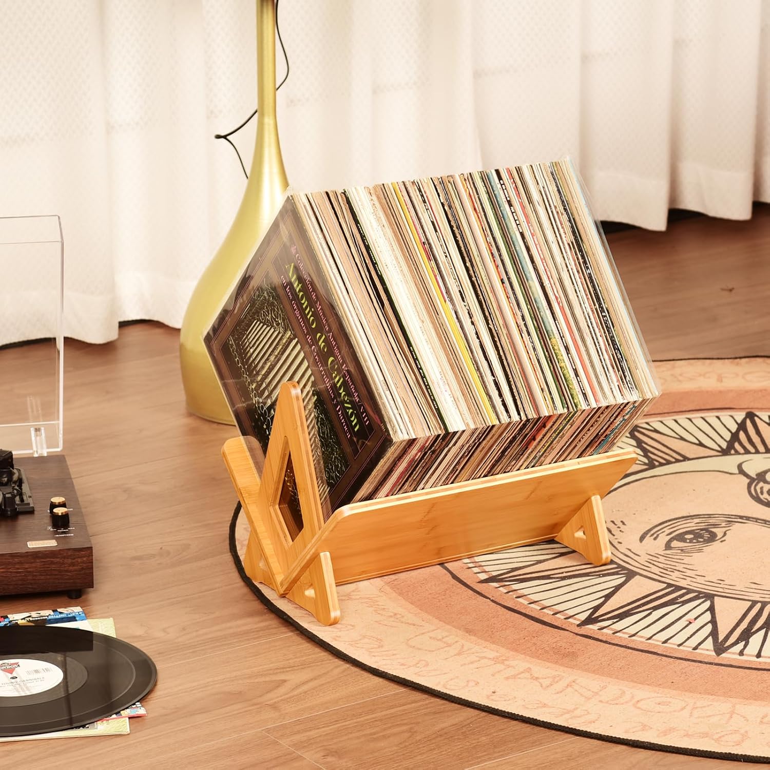 Bamboo Vinyl Record Holder 80-100 LP Record Stand, Quick Assembly Record Storage, Modern Design Organizer for Magazine