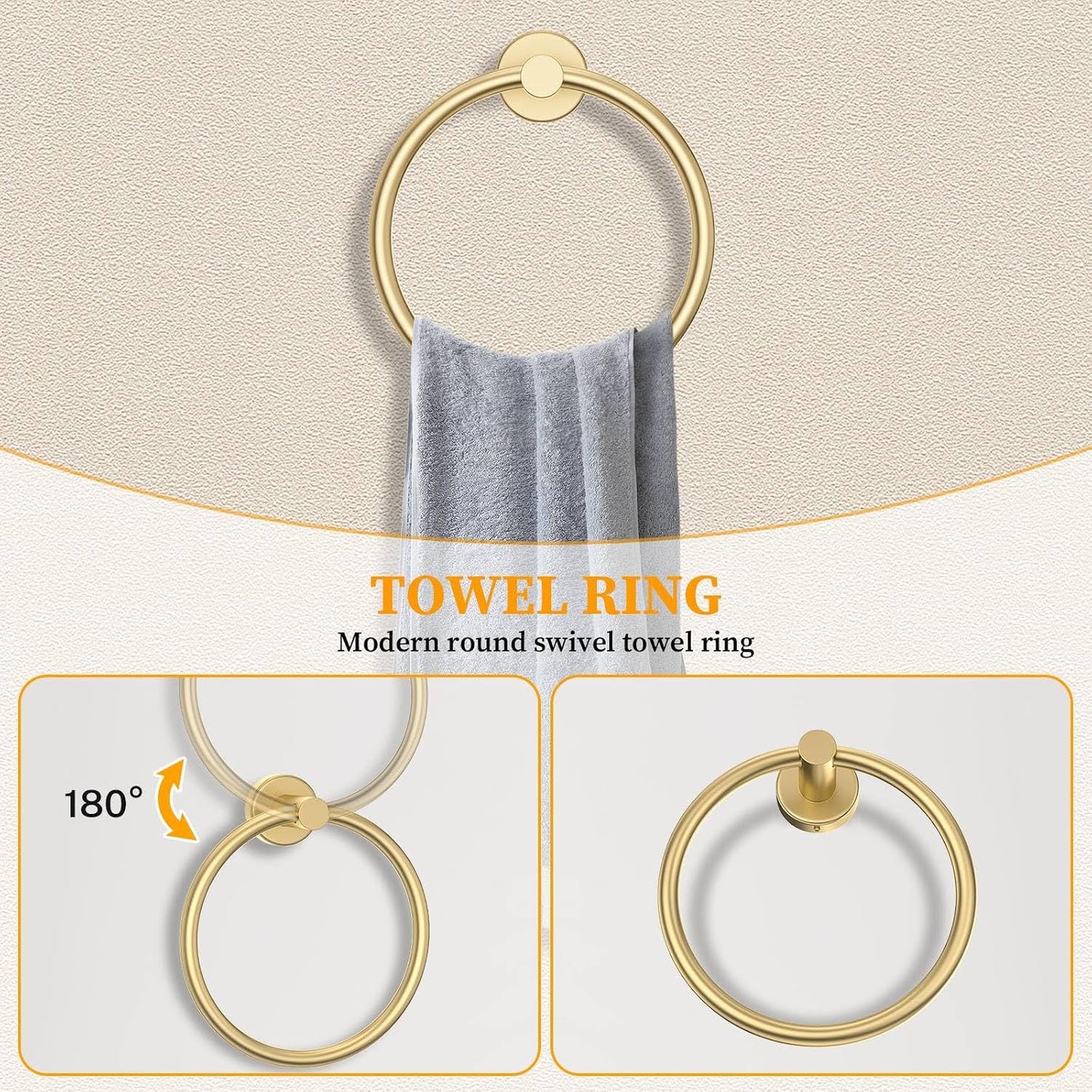 Brushed Gold Towel Bar Set 10 Pieces Round Bathroom Hardware Set Includes 23.6in Towel Bar Towel Ring Toilet Paper