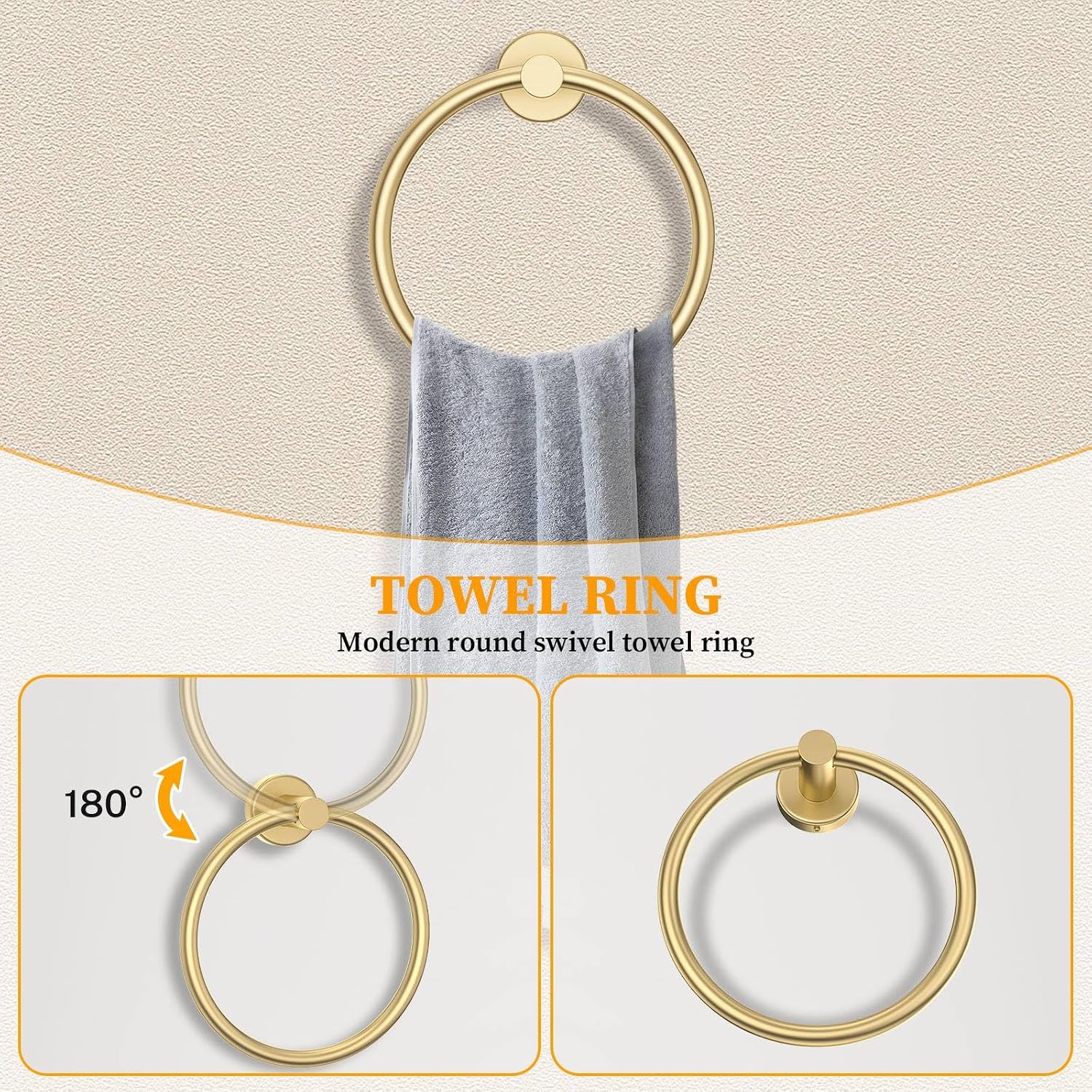 Brushed Gold Towel Bar Set 10 Pieces Round Bathroom Hardware Set Includes 23.6in Towel Bar Towel Ring Toilet Paper