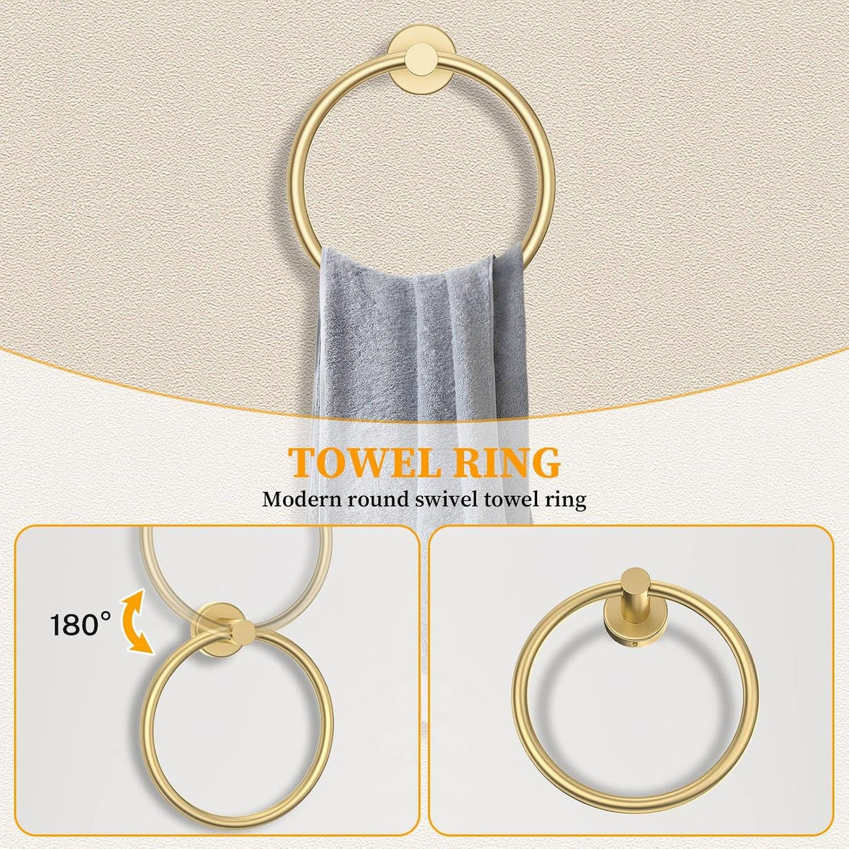 Brushed Gold Bathroom Hardware Set 6-Pieces Towel Bar Set Stainless Steel Bathroom Accessory Set 23.6 Inch Wall Mounted