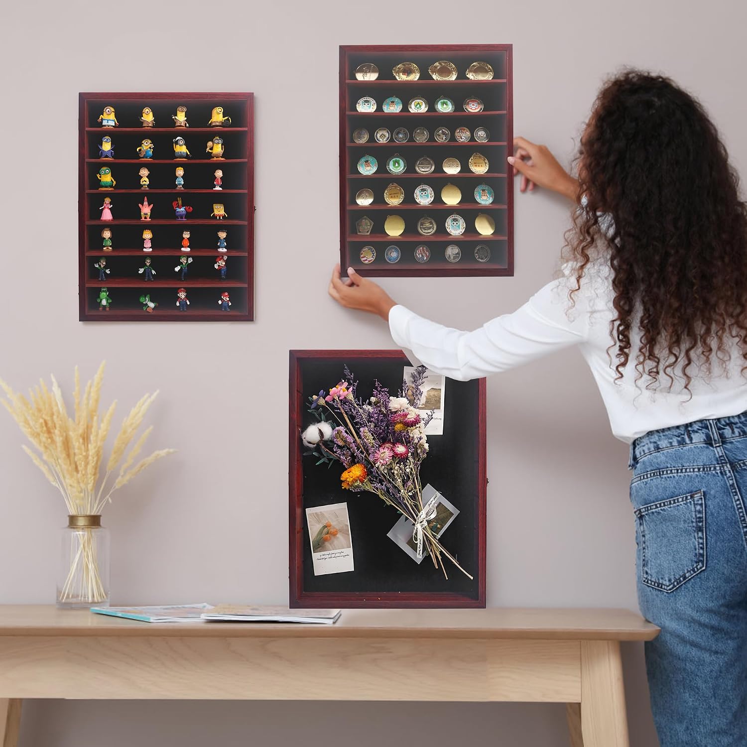 16x20 Wooden Shadow Box Frame with Removable Shelves Deep Display Case for Military Medals Keepsakes Cherry