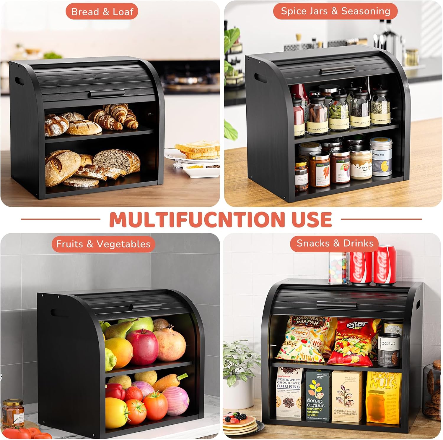 G.a HOMEFAVOR 2-Tier Bamboo Bread Box for Kitchen Counter, Black | Large Roll Top Bread Storage Container, Bread Holder