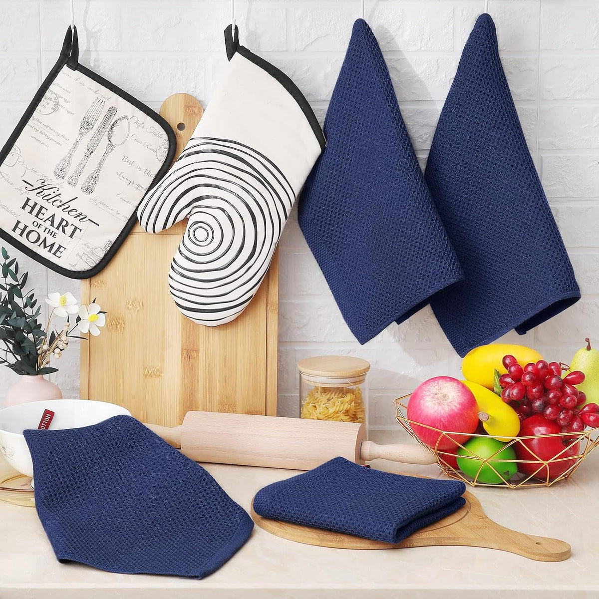 Homaxy 100% Cotton Waffle Weave Kitchen Dish Cloths 8-Pack, Dark Navy | 12 x 12 Inches, Ultra Soft Absorbent Dish