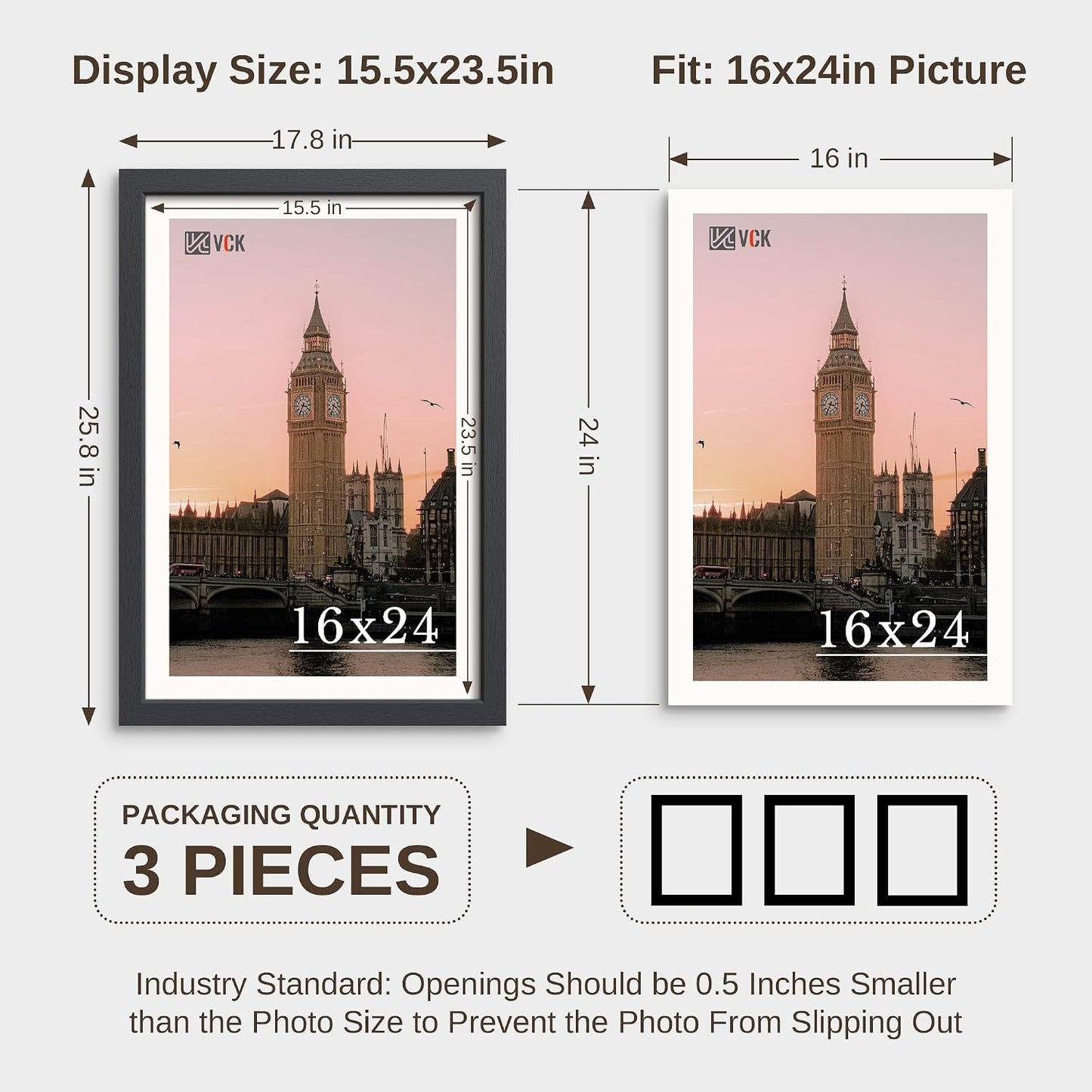 VCK 16x24 Frame 3 Pack Solid Wood,Black 16 x 24 Picture Frame for Wall Mount,Vertical & Horizontal Hanging
