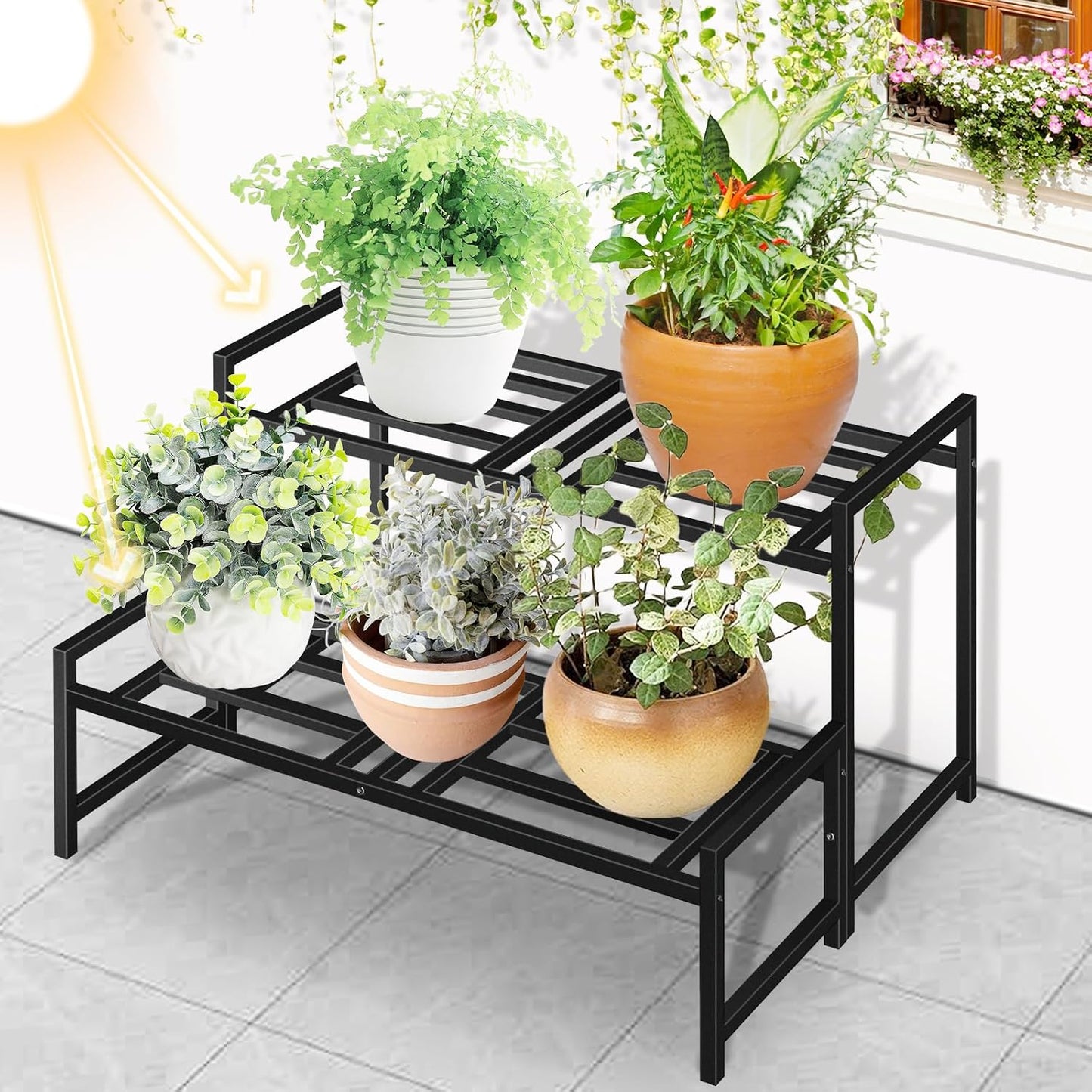 Plant Stand Indoor Outdoor, 2-Tier Stackable Wrought Iron Plant Stands | Metal Plant Shelf Decorative Outdoor Flower