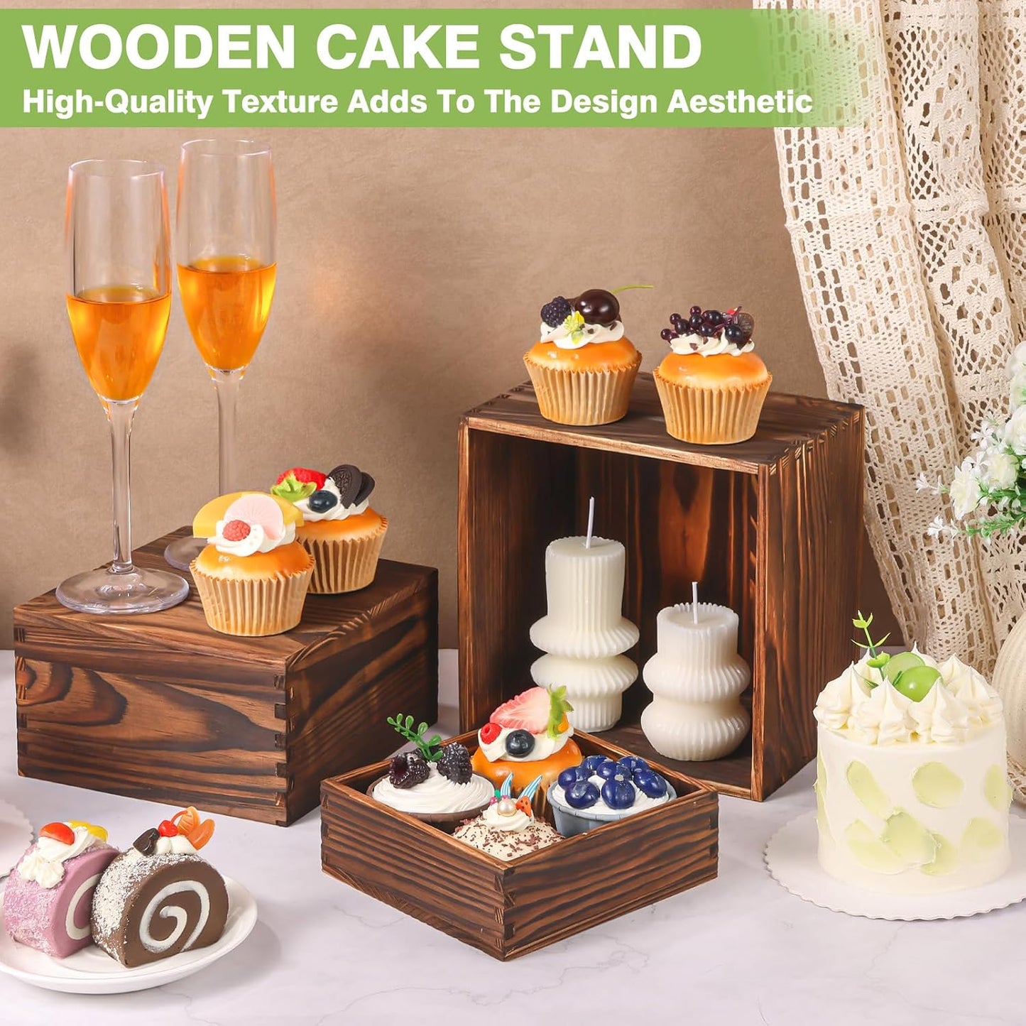Wood Cake Cupcake Stand Buffet Risers / Brown / Set of 3