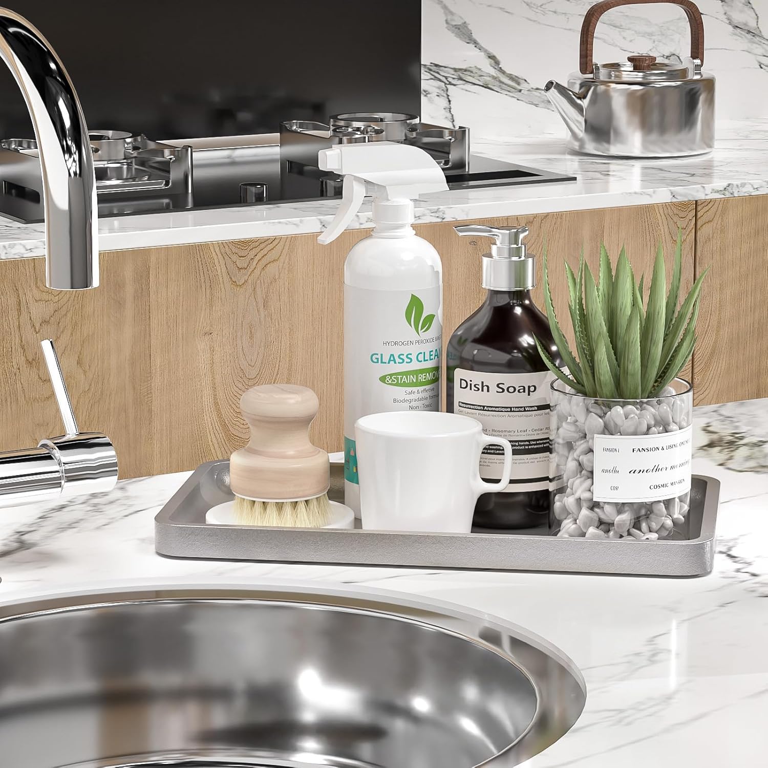 Bamboo Kitchen Tray for Soap Dispenser Spice / Silver / 11.8 x 6.1 x 0.8