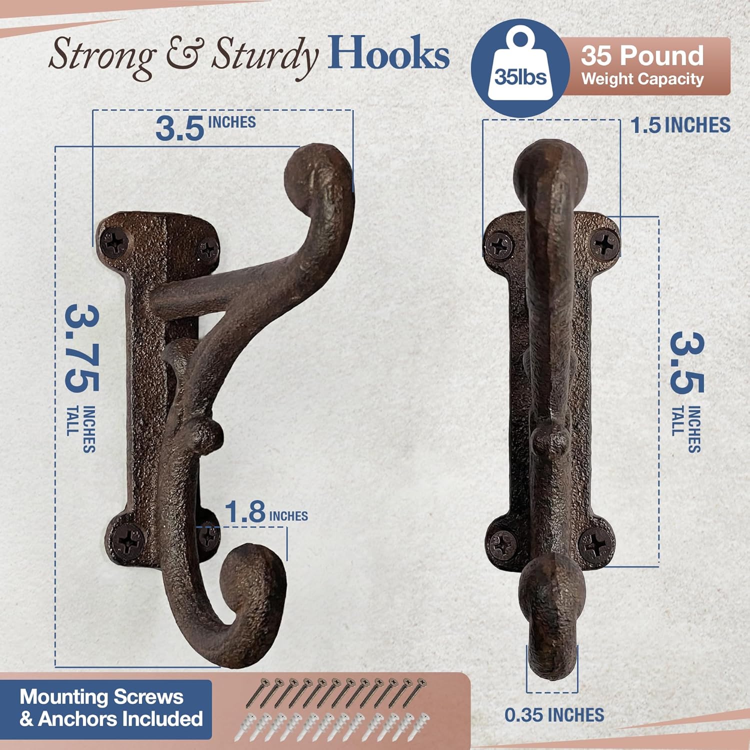 Rustic Cast Iron Coat Hooks Rustic Dark Brown / Large Ornate / Rustic Antique Brown / Set of 3