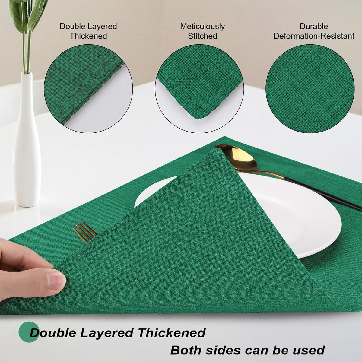 Cloth Placemats Set of 6, Cotton Linen Blend Place Mats, Green | Machine Washable, Double Layered, Heat Resistant