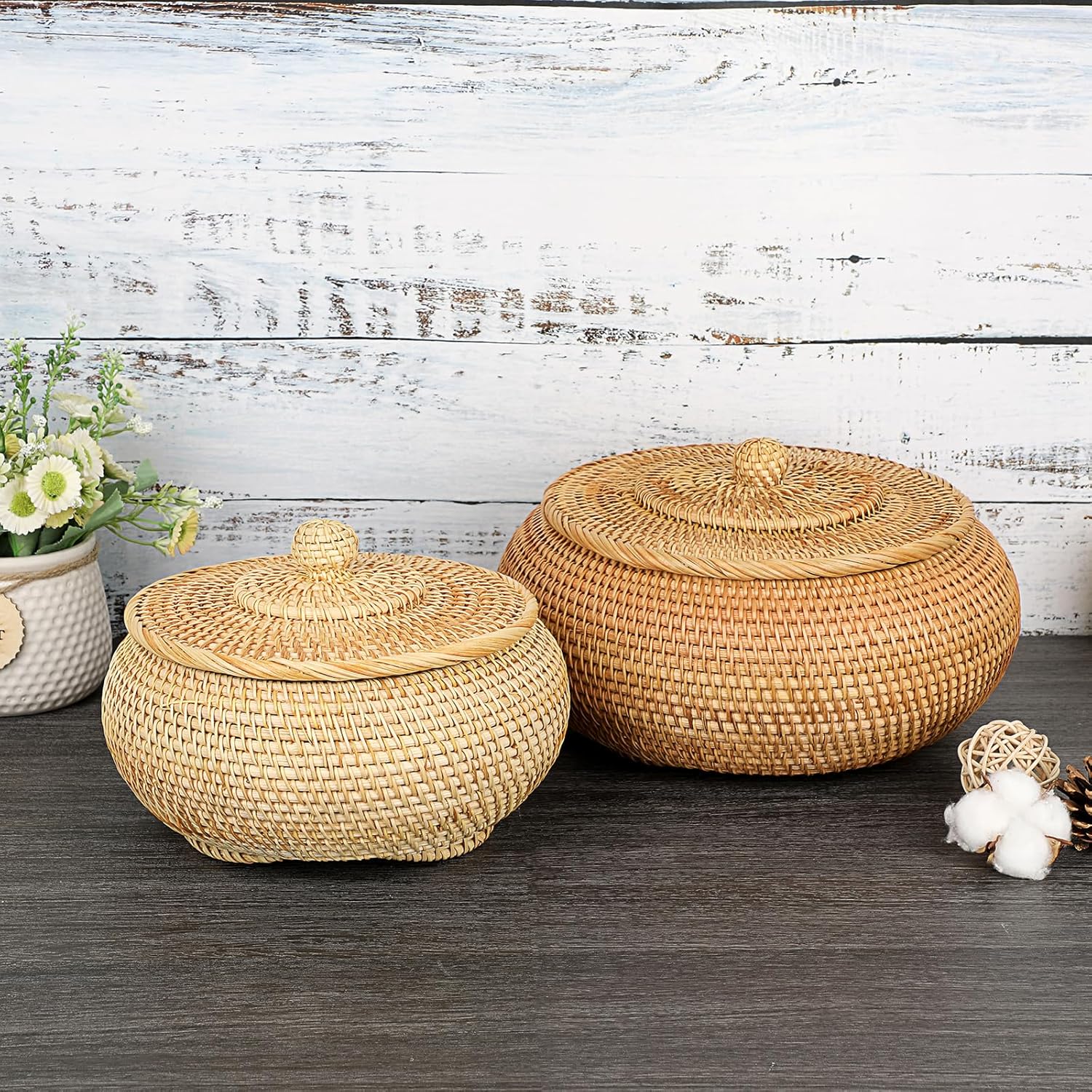 Round Rattan Basket Box / Small,7.9"d x 4.1"H / Natural Color