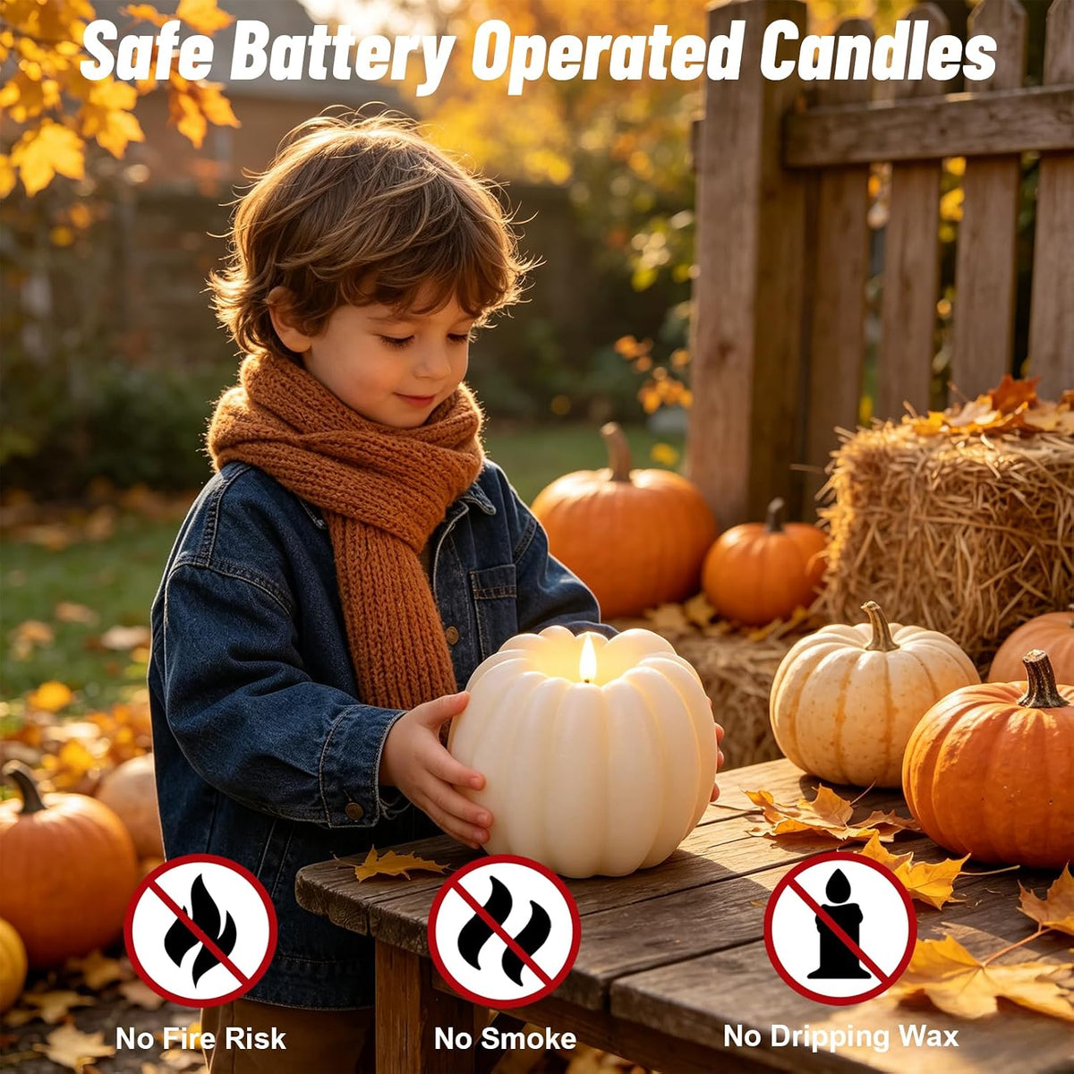Wondise Fall Decorations Real Wax Pumpkin Candles with Remote Timer | White Battery Operated LED Candles Fall Decor for