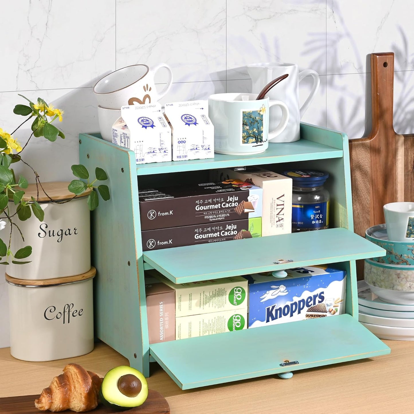 Bamboo Corner Bread Box for Kitchen Countertop 2-Tier Green | Farmhouse Bread Storage Container, Large Pantry