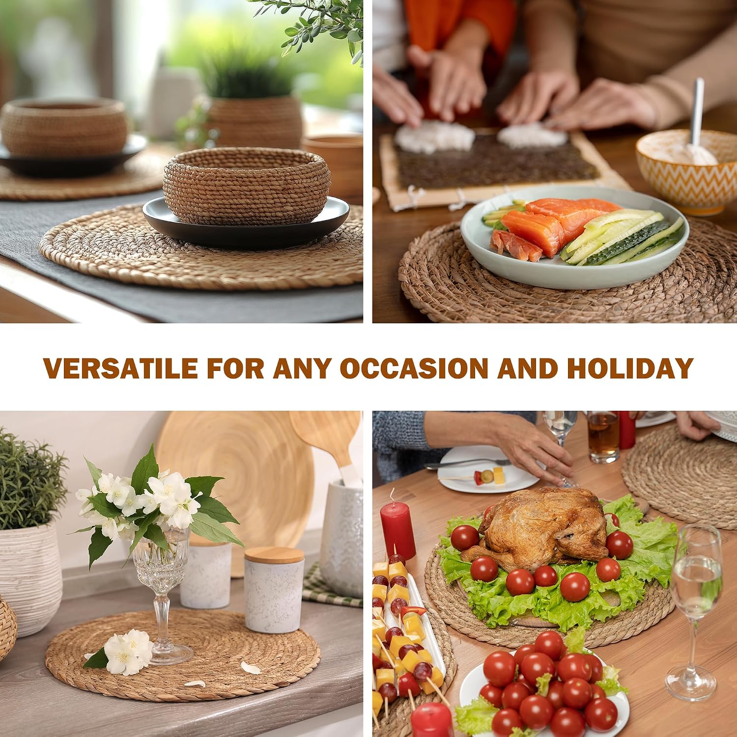 Defined Deco Woven Placemats Set of 10,12" Round Rattan Placemats,Natural Hand-Woven Water Hyacinth Placemats,Farmhouse