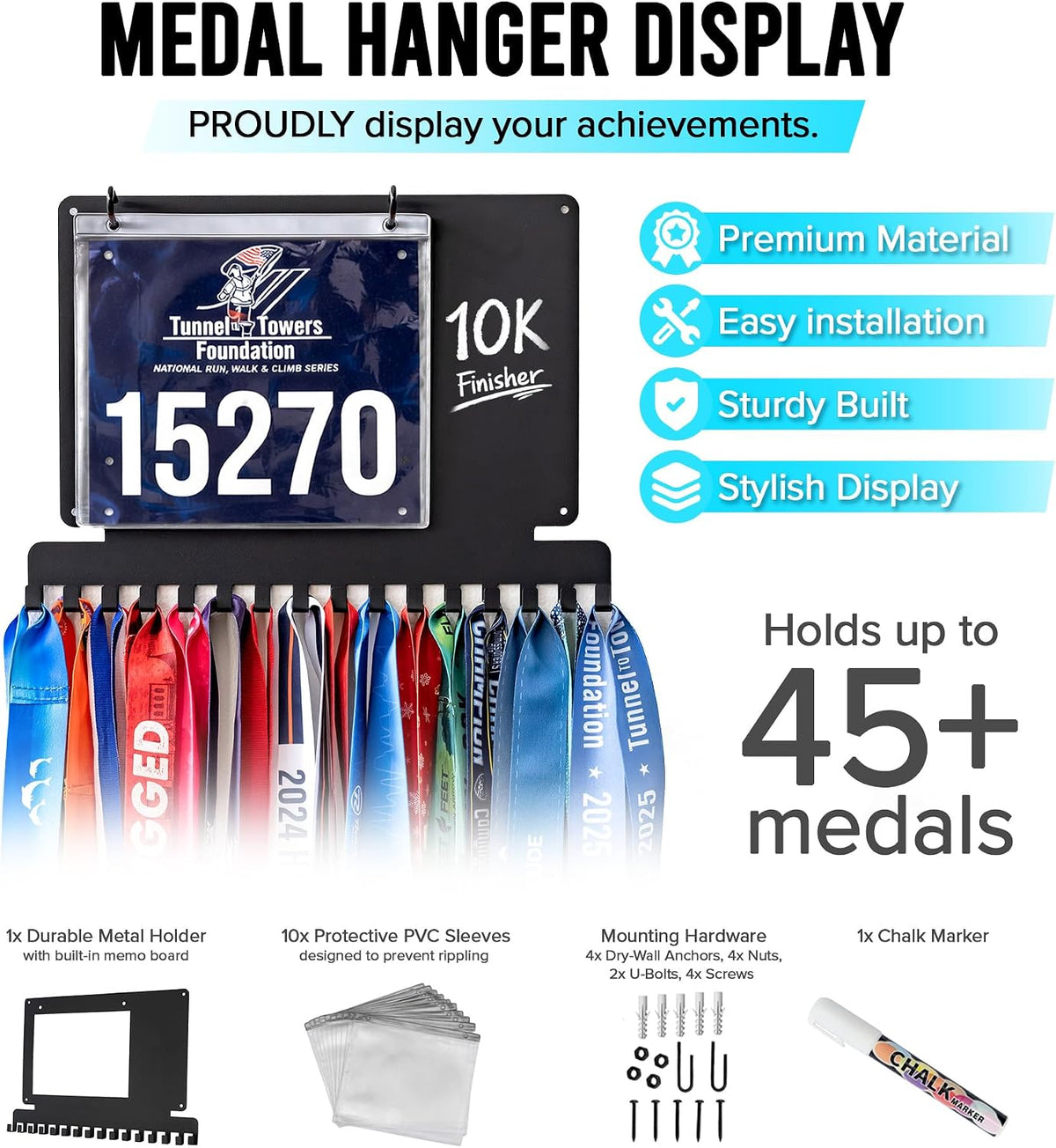 Running Medal Hanger Display with Race Bib Holder, Gift for Runners | Individual Hooks, Custom Write-On Board, Easy to