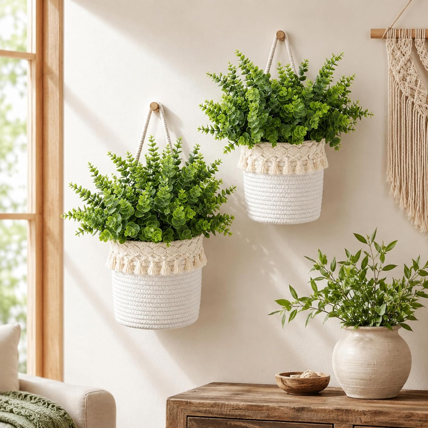 Boho Cotton Rope Woven Plant Holder / White / Set of 4