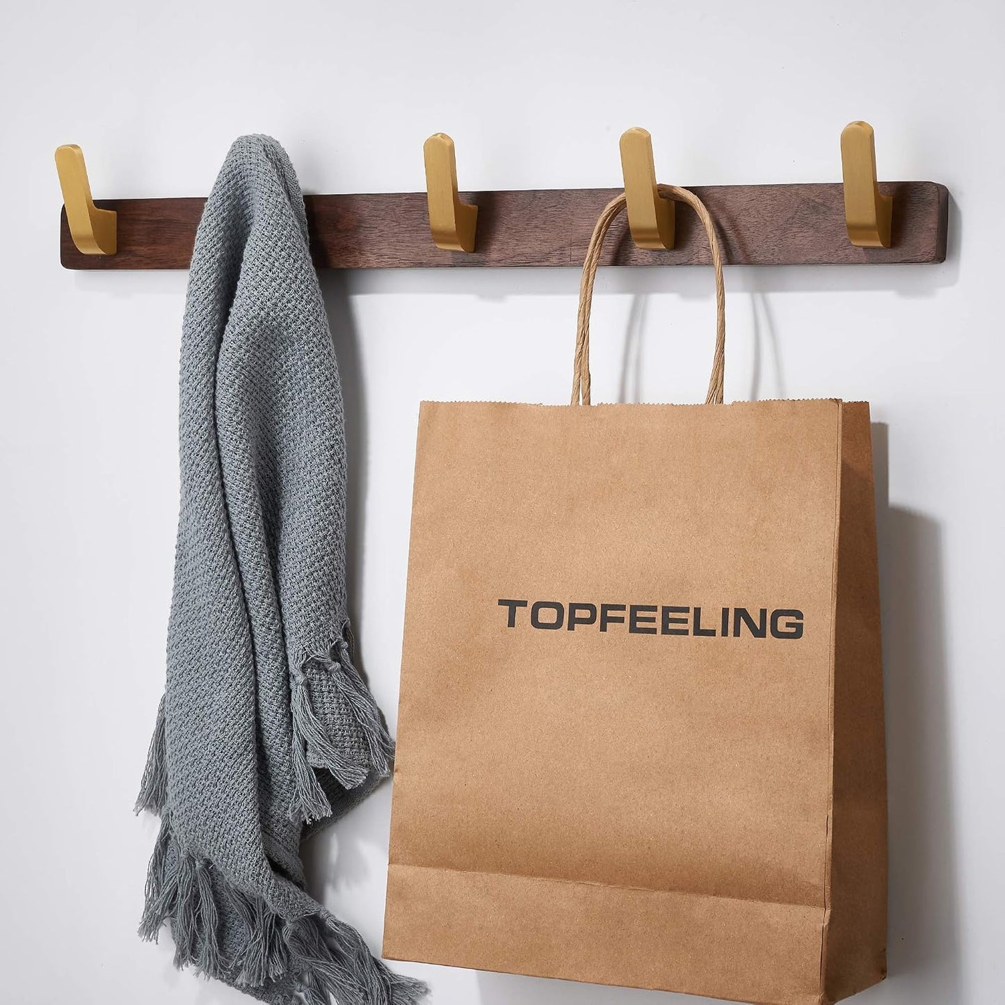 Wall Mounted Coat Rack, Metal Wood with 5 Hooks | Entryway Hanging, For Coat, Scarf, Bag, Towel, Key, Cap, Hat, Walnut