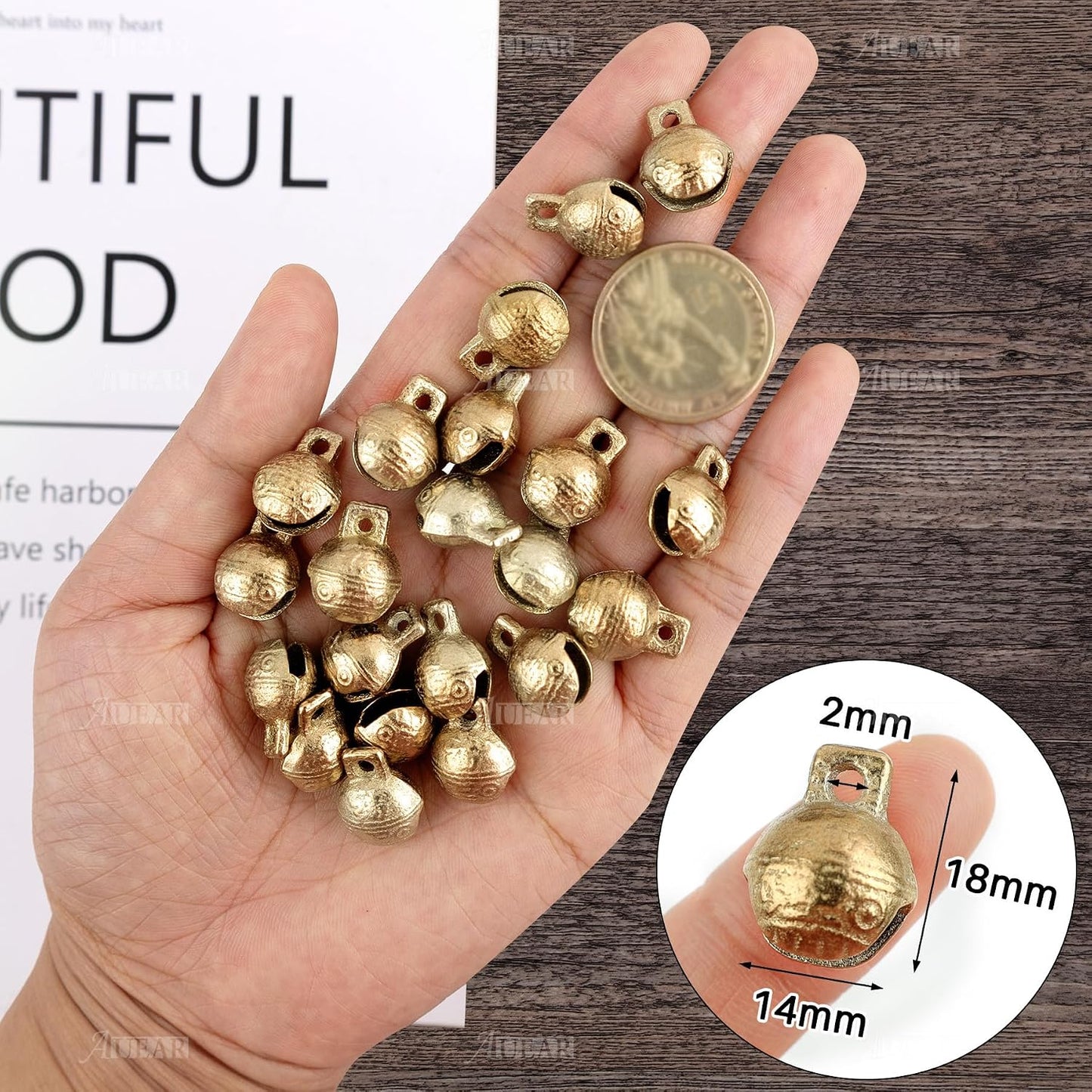 AUEAR, 60 Pack Vintage Brass Bells Mini Jingle Bell DIY Craft 14mm Small Tibetan for Jewelry Making Charms Pendants