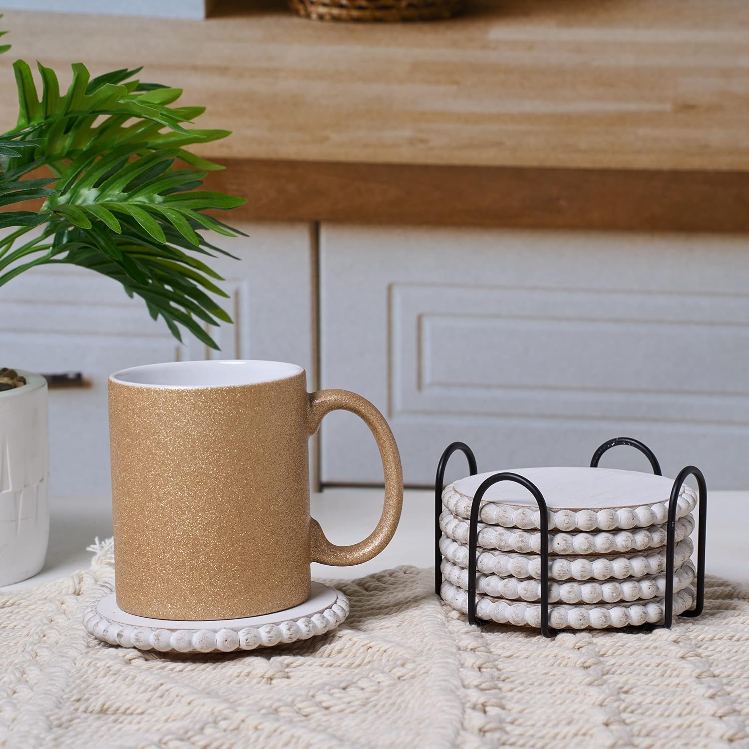 Metal Holder / GENMOUS Farmhouse Wooden Bead Coasters / White / Set of 6