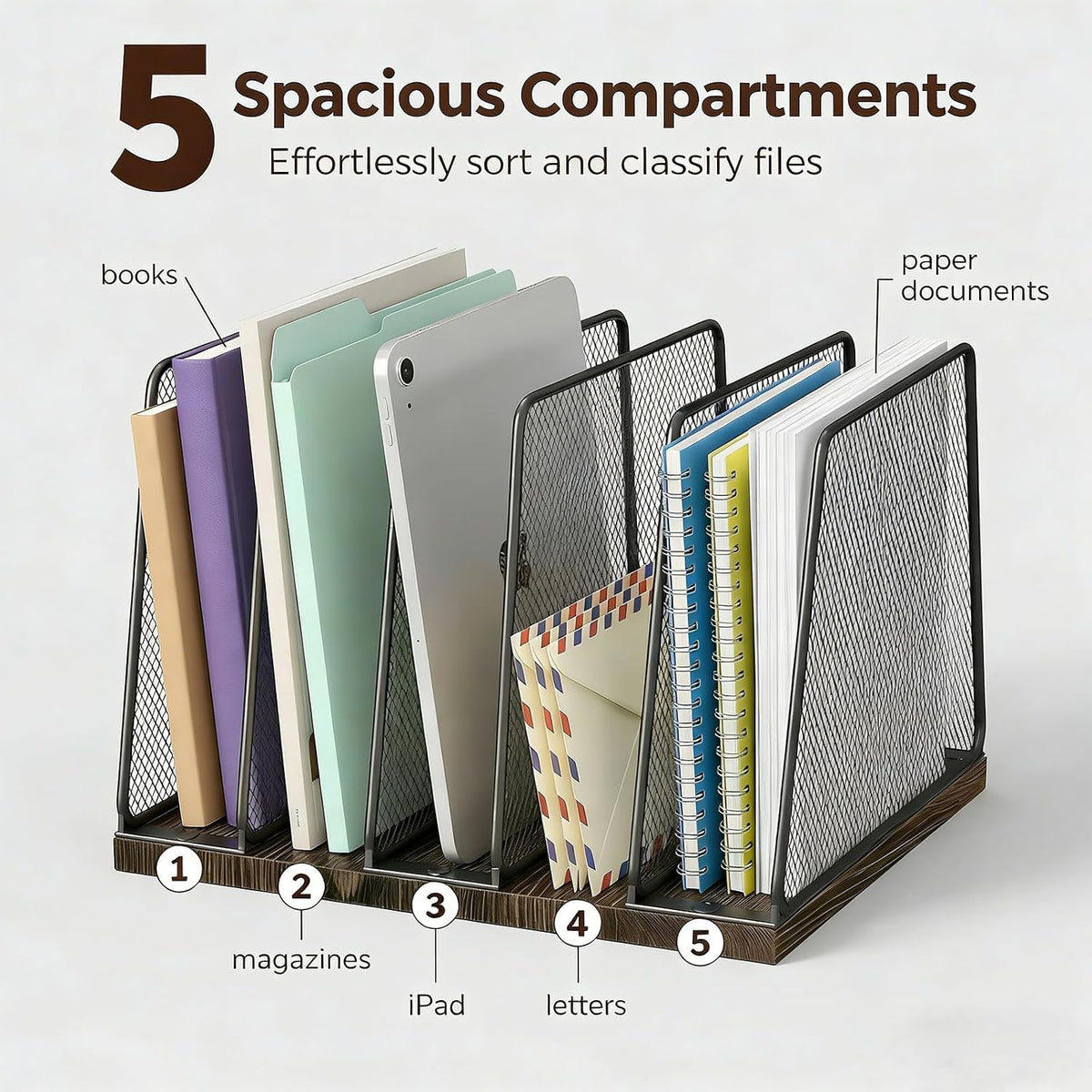 5-Section Vertical File Organizer for Desk, Sturdy Wood Base & Metal Mesh Desktop File Holder, Upright Paper Folder