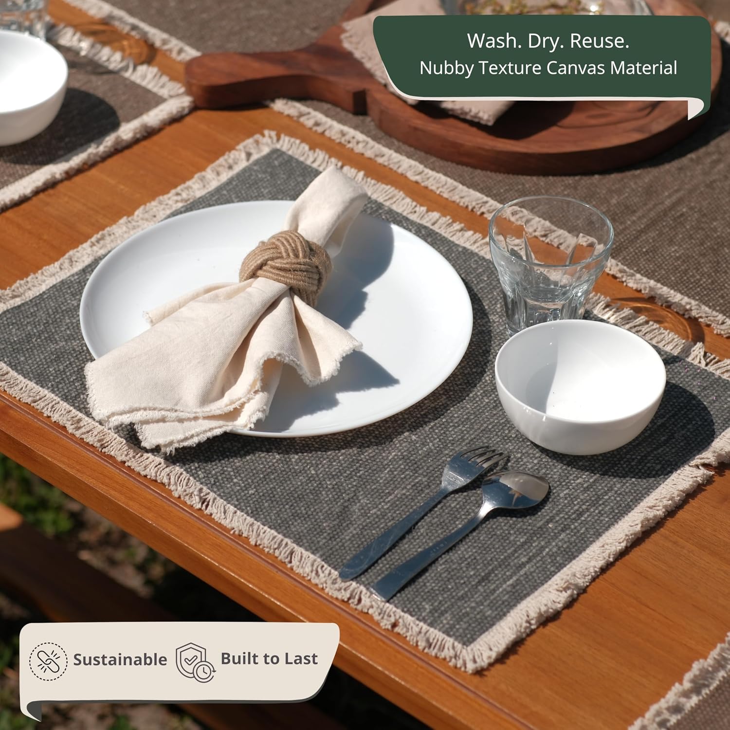 Hausattire Cotton Frayed Placemats Set of 4 Dining Table 14x14 Inch | Rustic Boho Washable Easter Placemat for Outdoor